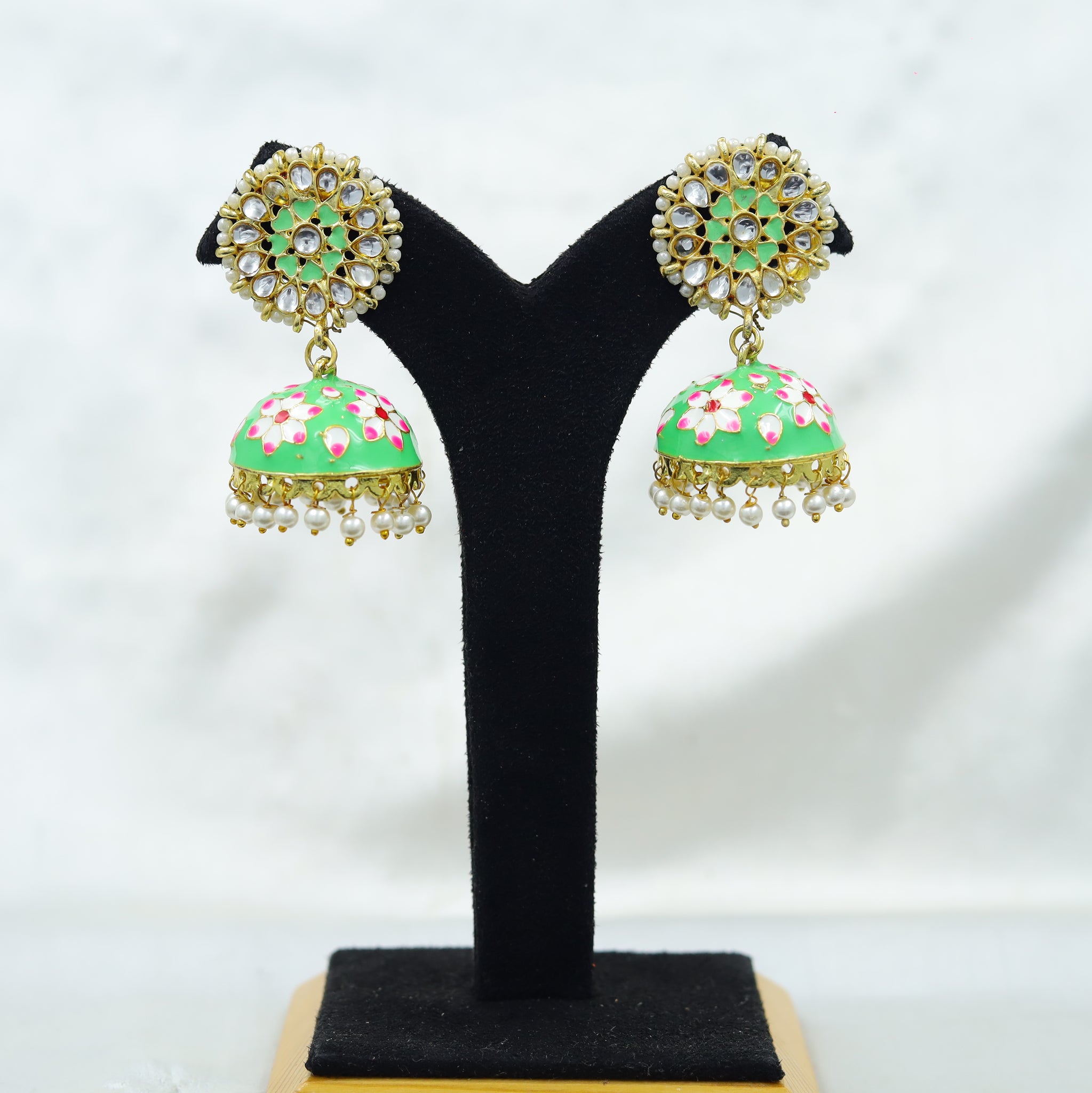 Green Kundan Meenakari Jhumki 6984-0251