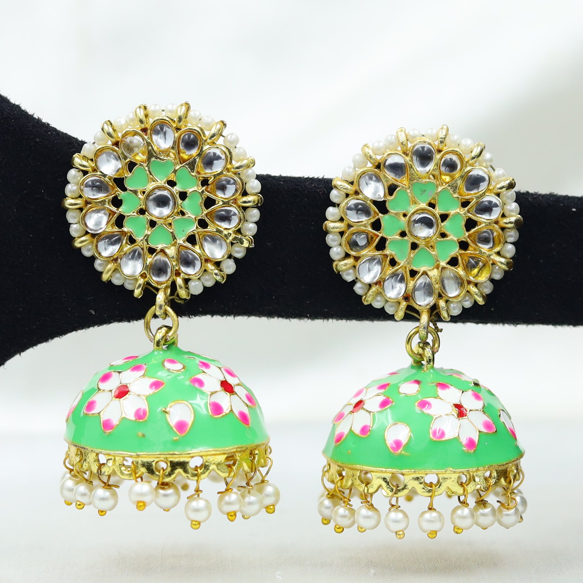 Green Kundan Meenakari Jhumki 6984-0251