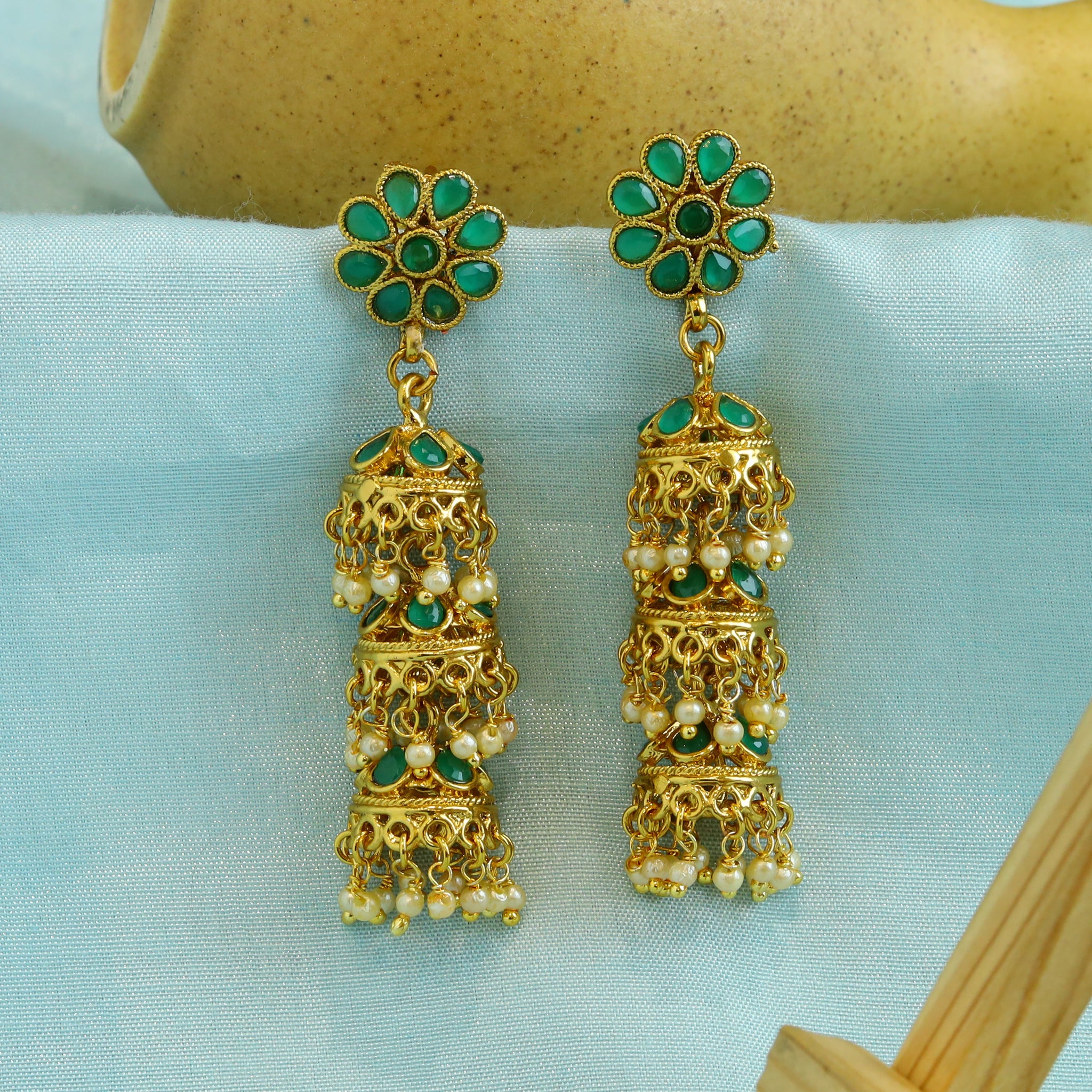 Beautiful 3 Layer Long Jhumki in Green Color