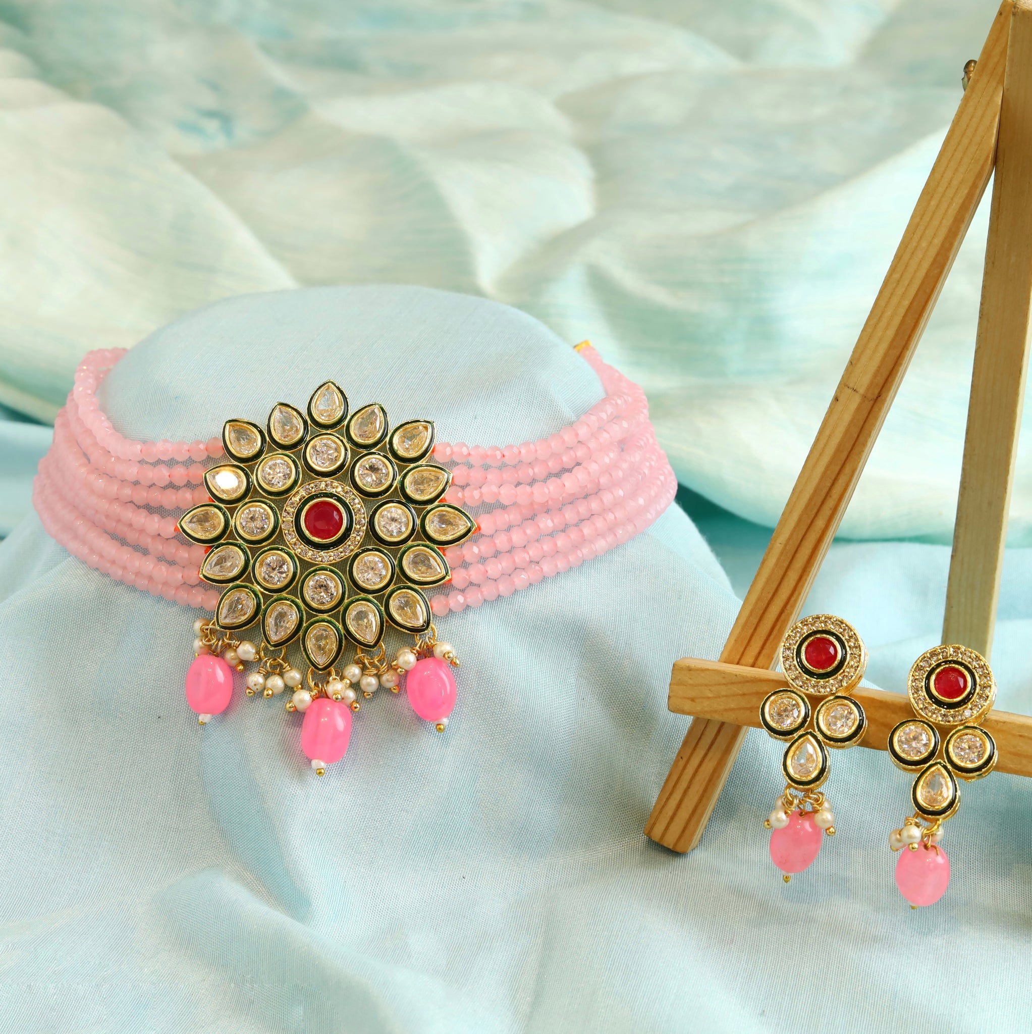 Pink Polki Necklace Set 17687-4869