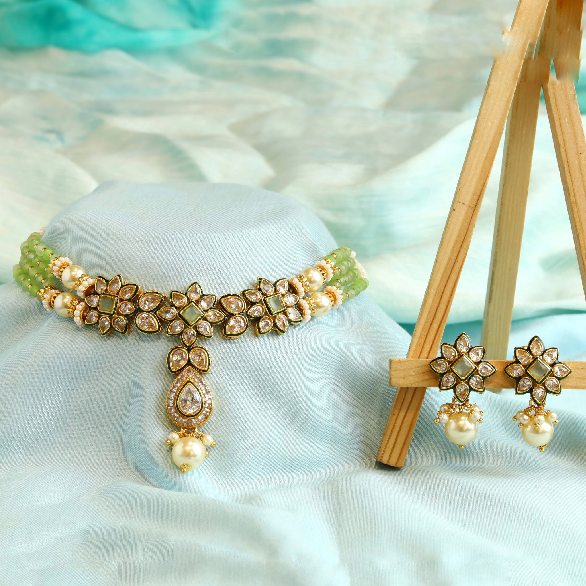 Mint Green Polki Necklace Set 19711-7324