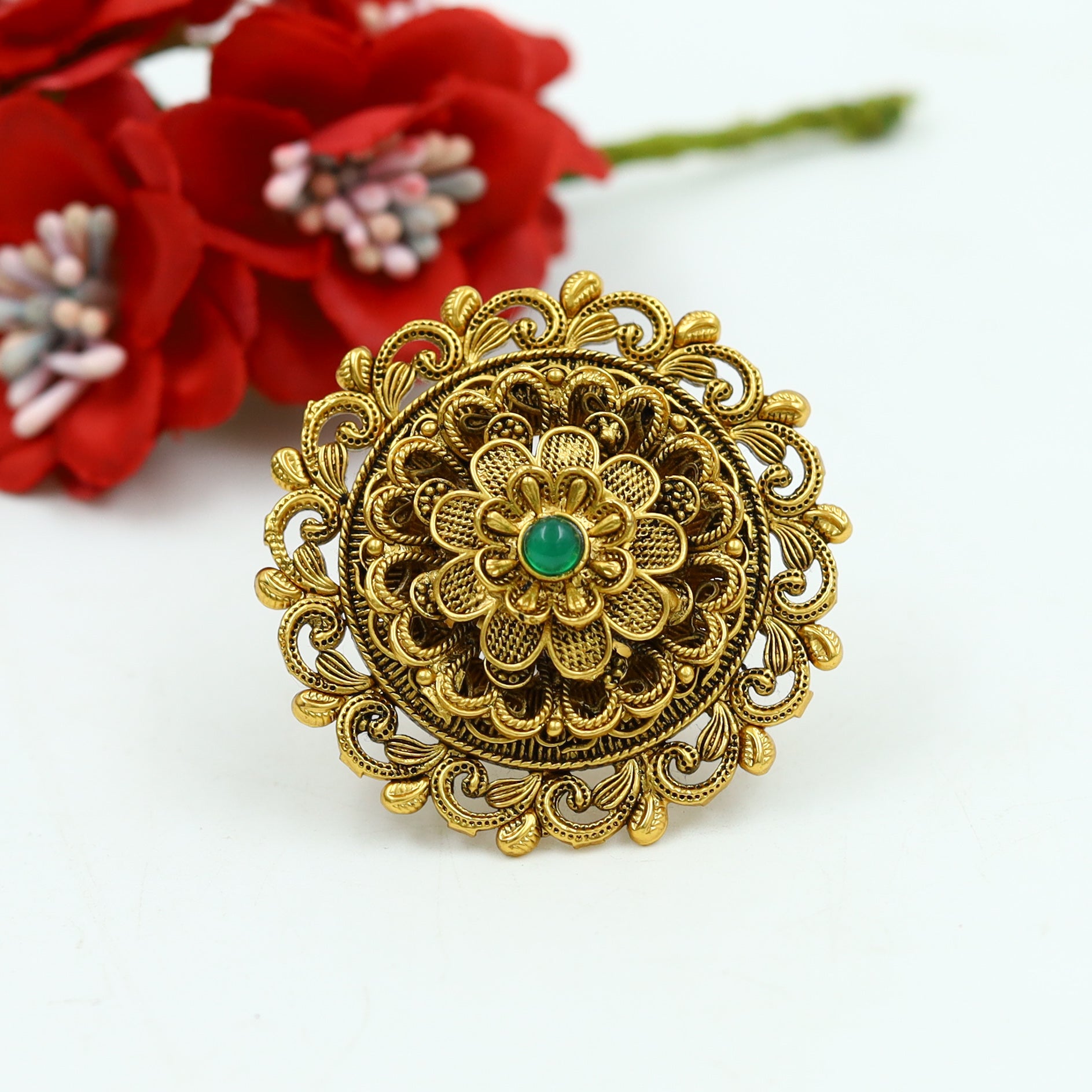 Antique Gold Finish Cocktail Adjustable Green Ring 12987-9649