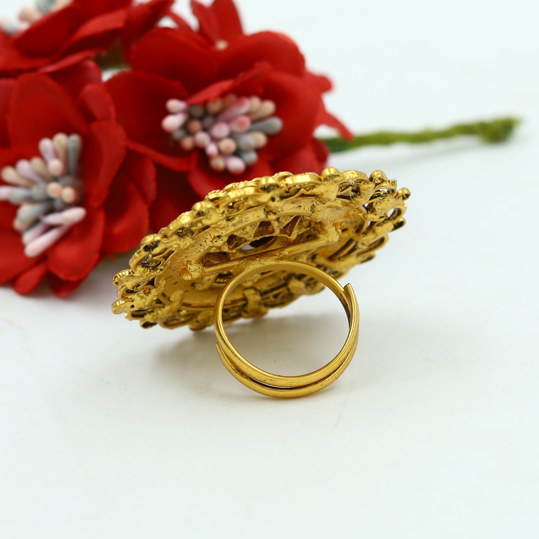 Antique Gold Finish Cocktail Adjustable Green Ring 12987-9649