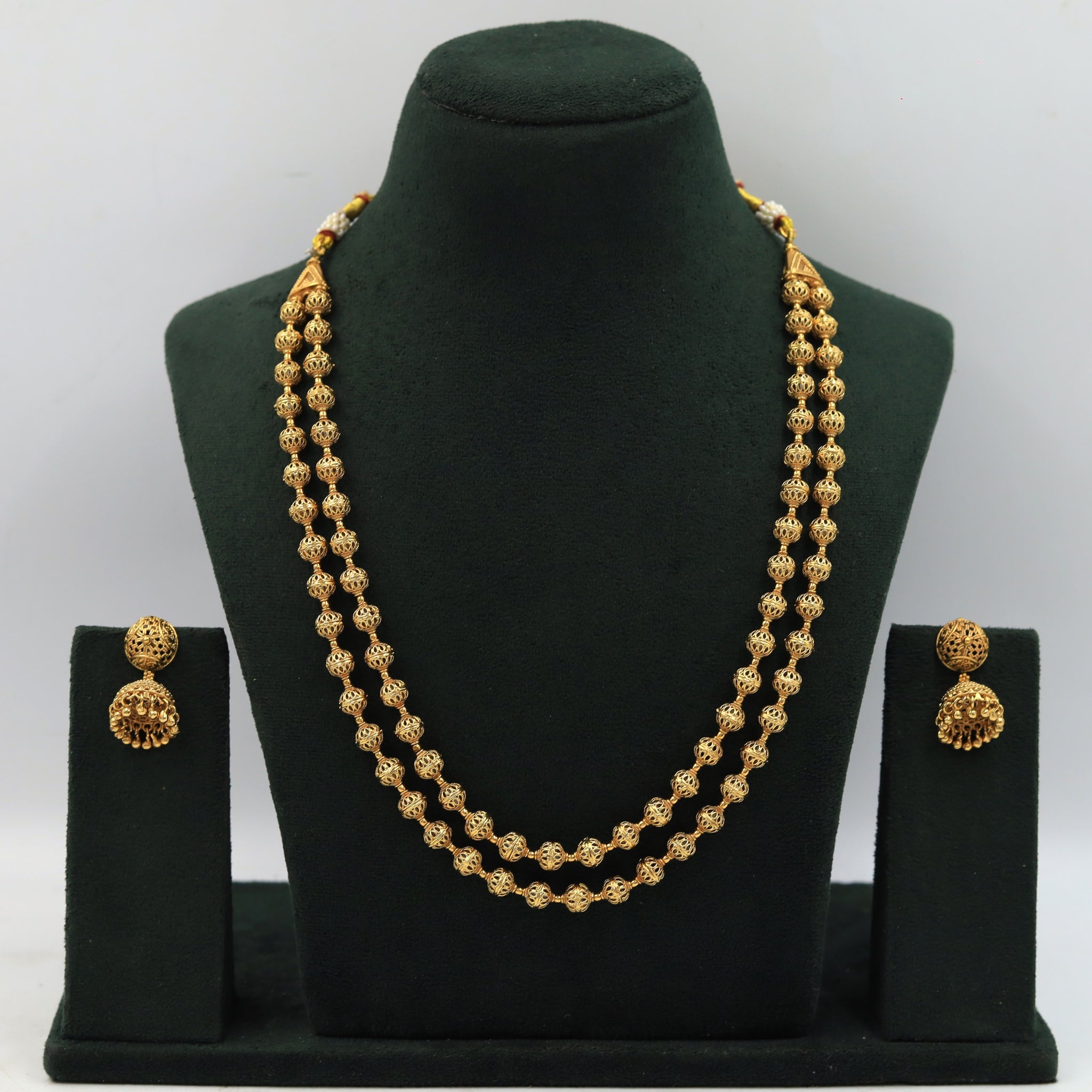 Antique Gold Double Line Beads Mala Necklace Set 15637-28