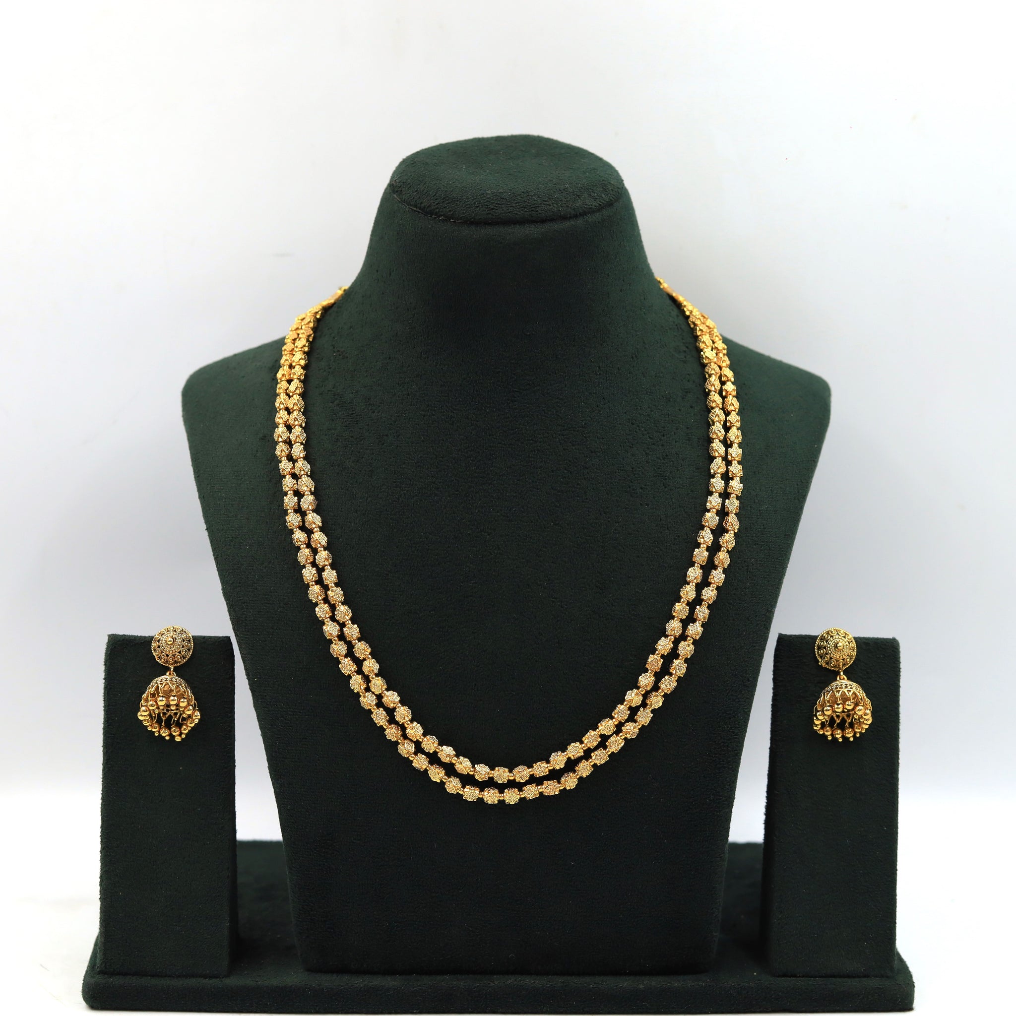 Antique Gold Double Line Beads Mala Necklace Set 15632-28