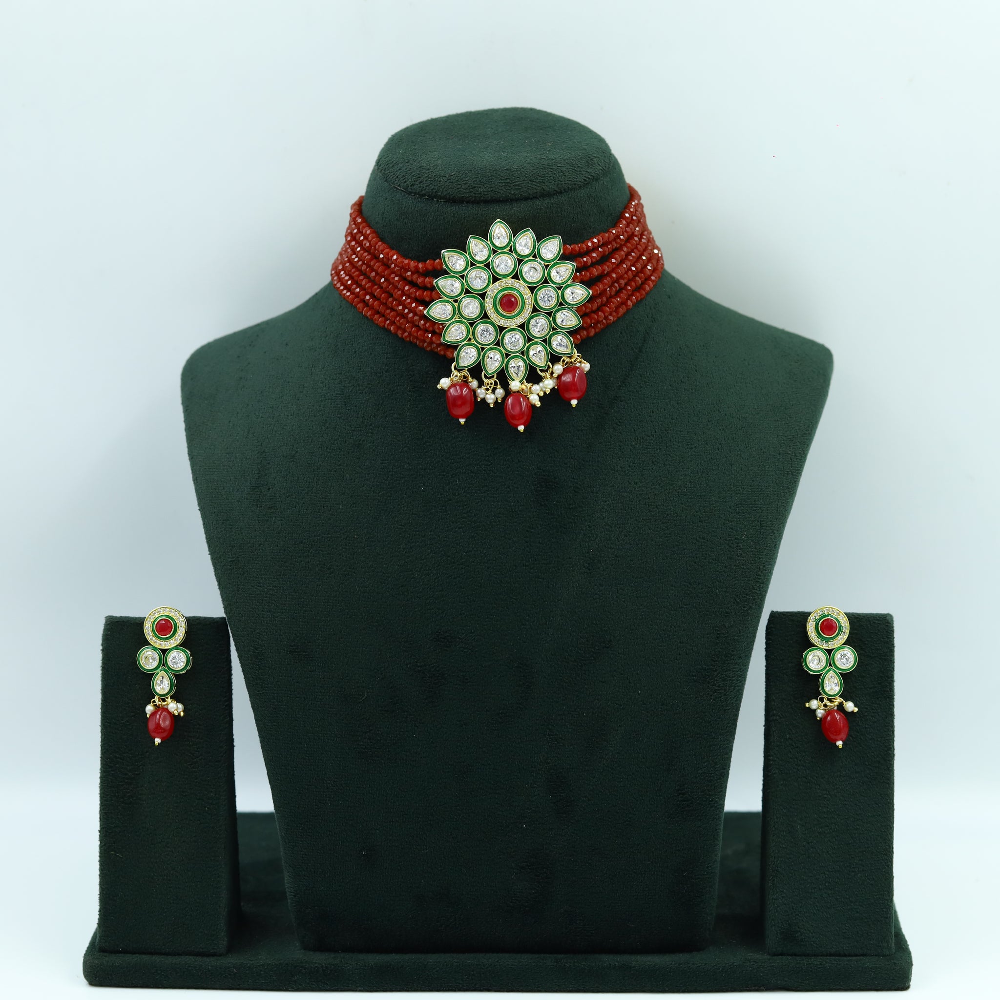 Red Beads Polki Choker  Set