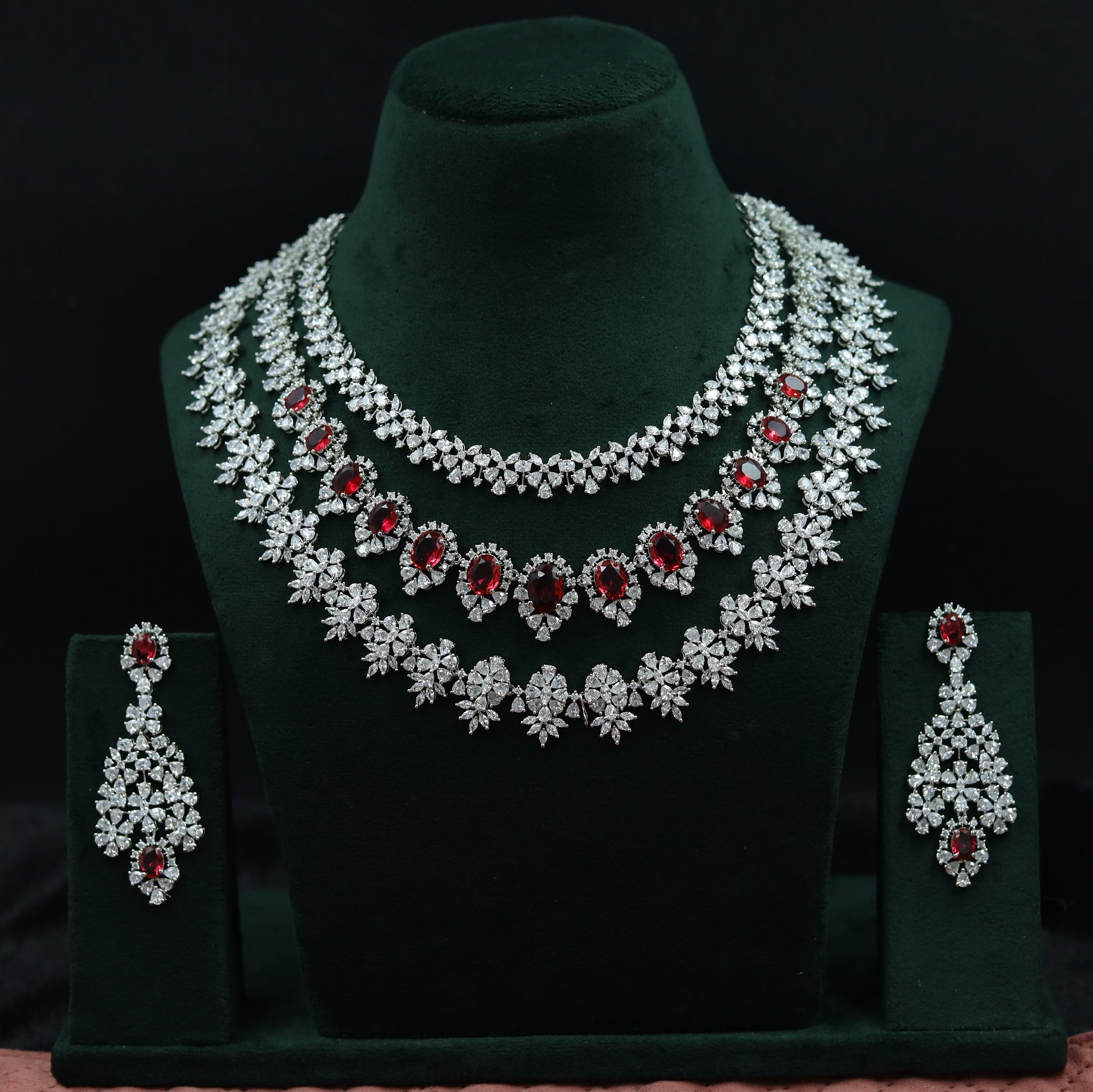 Round Neck Layered Zircon/AD Necklace Set 11906-69