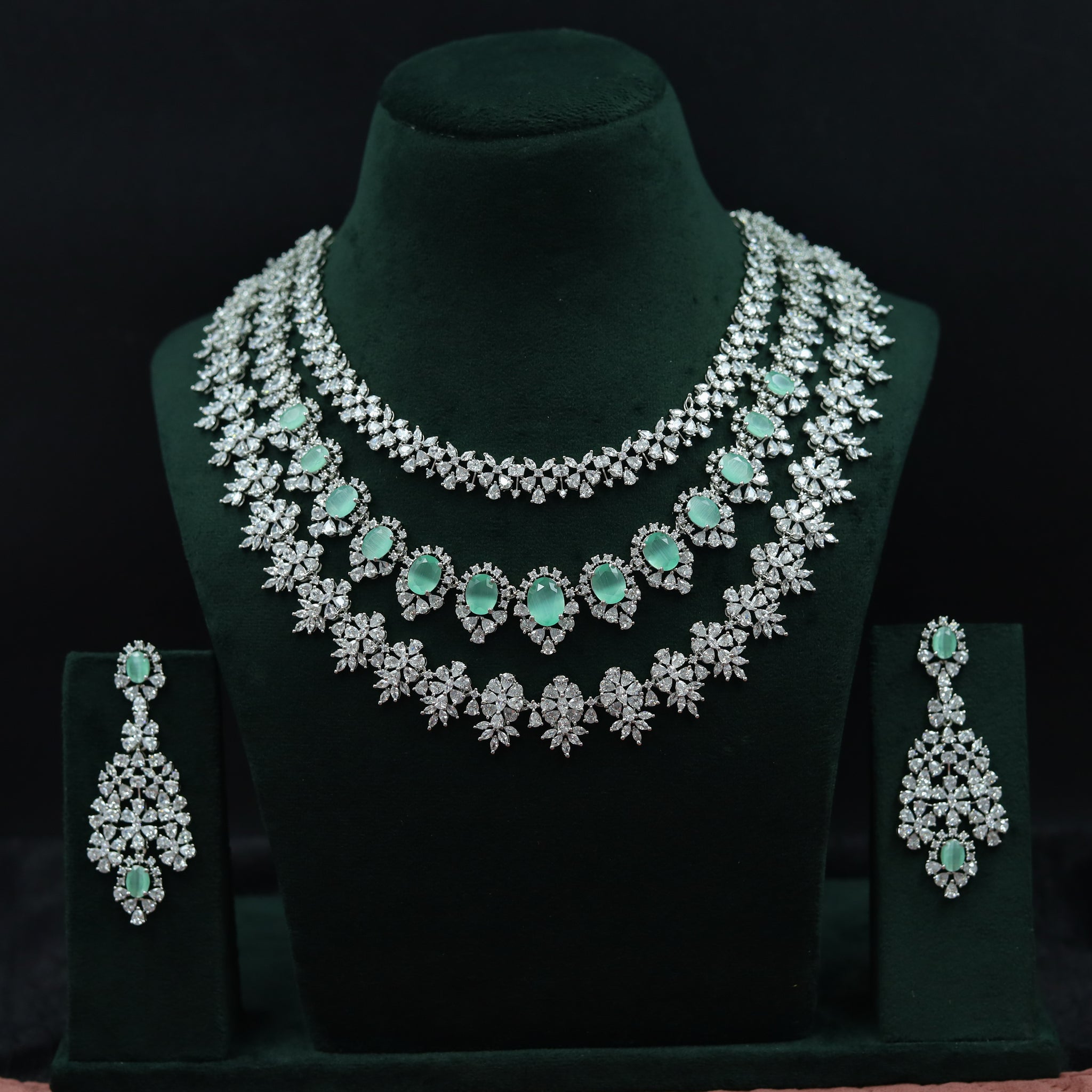 Round Neck Layered Zircon/AD Necklace Set 11906-69