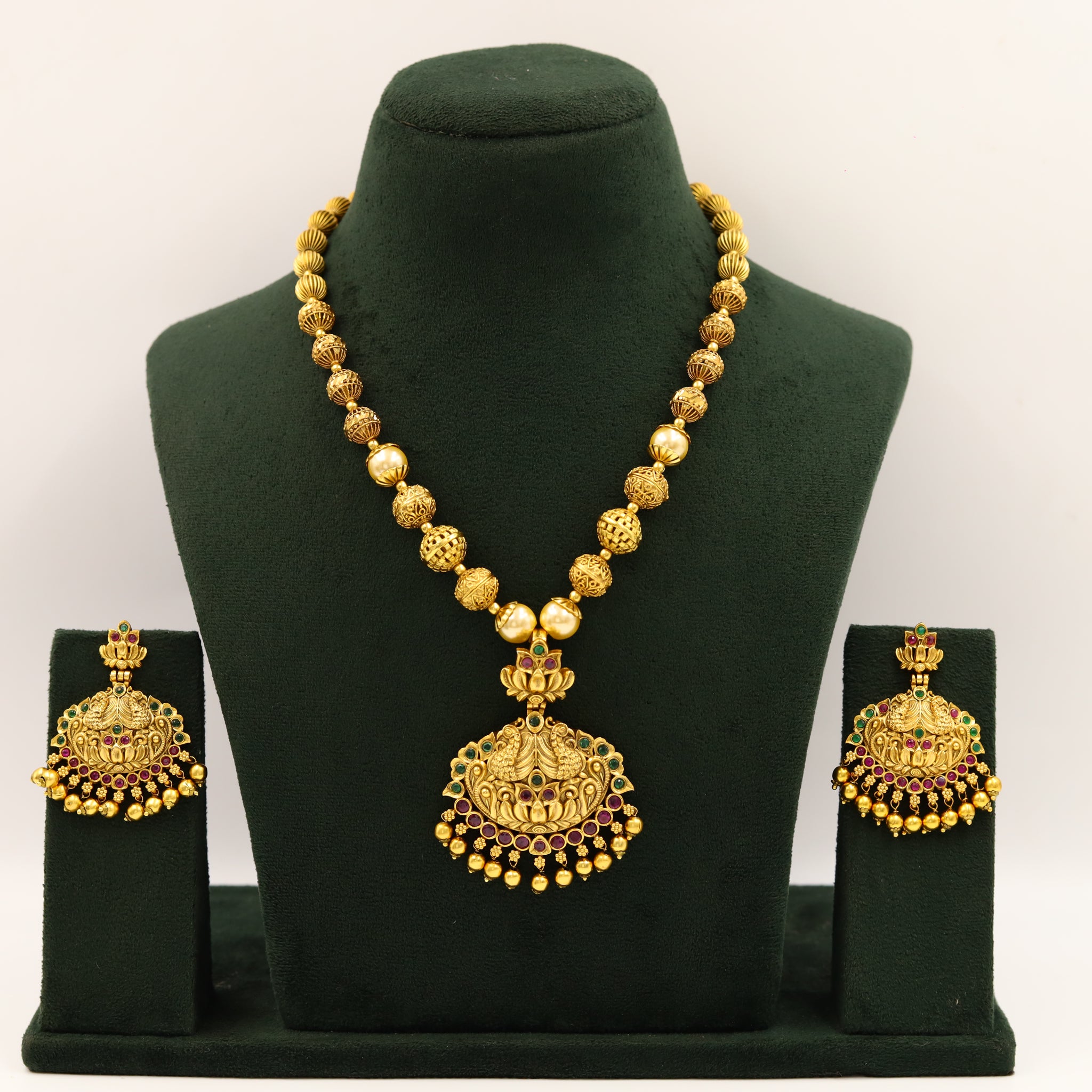 Ruby Green Gold Look Pendant Set