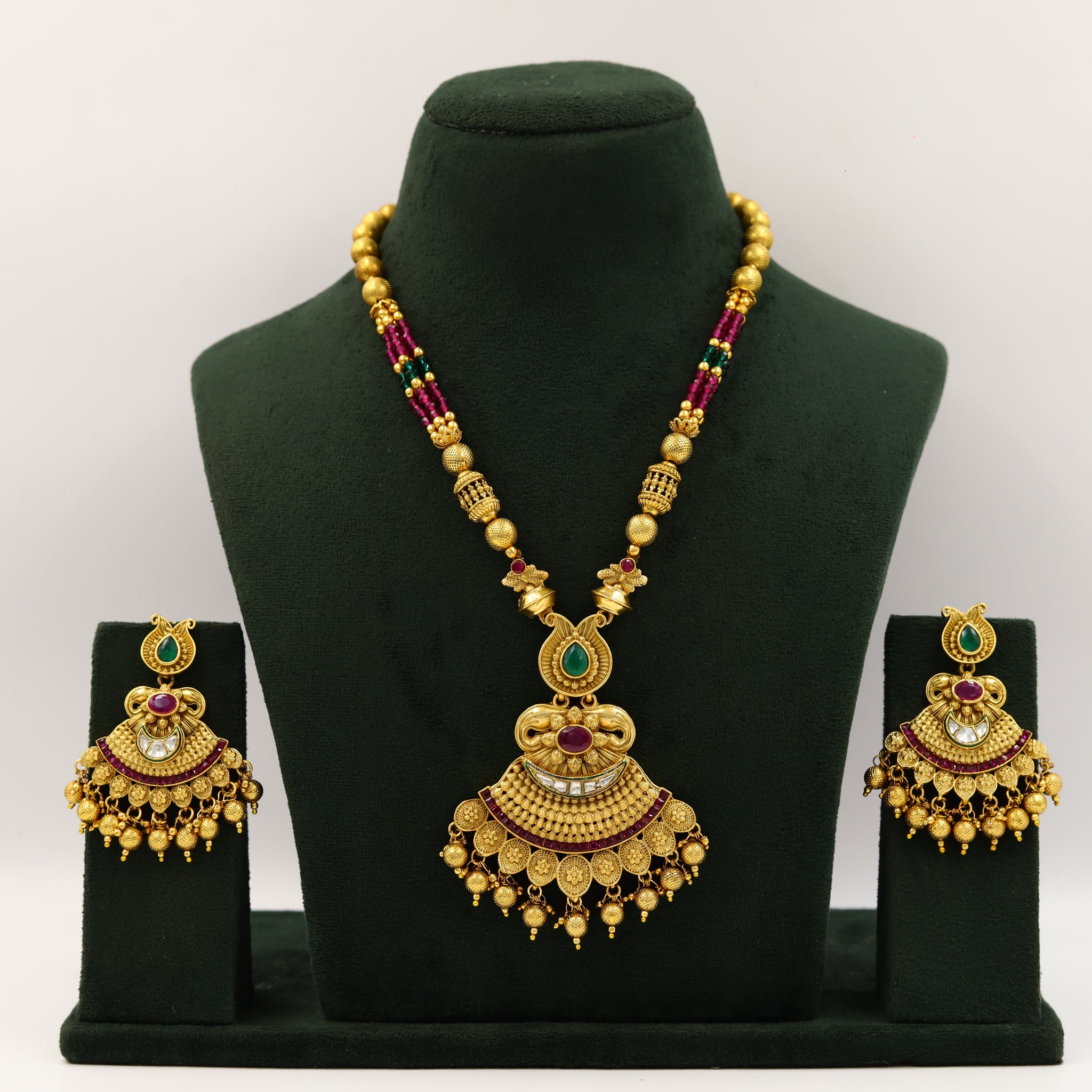 Ruby Green Gold Look Pendant Set