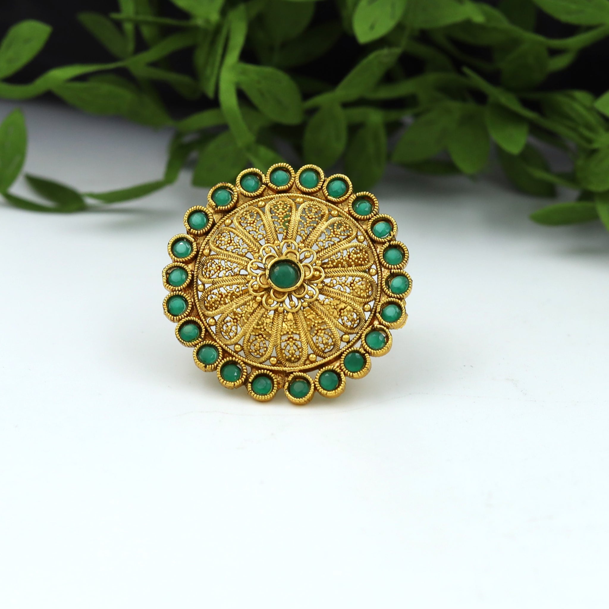 Antique Gold Finish Green Adjustable Cocktail Ring 3228-7293