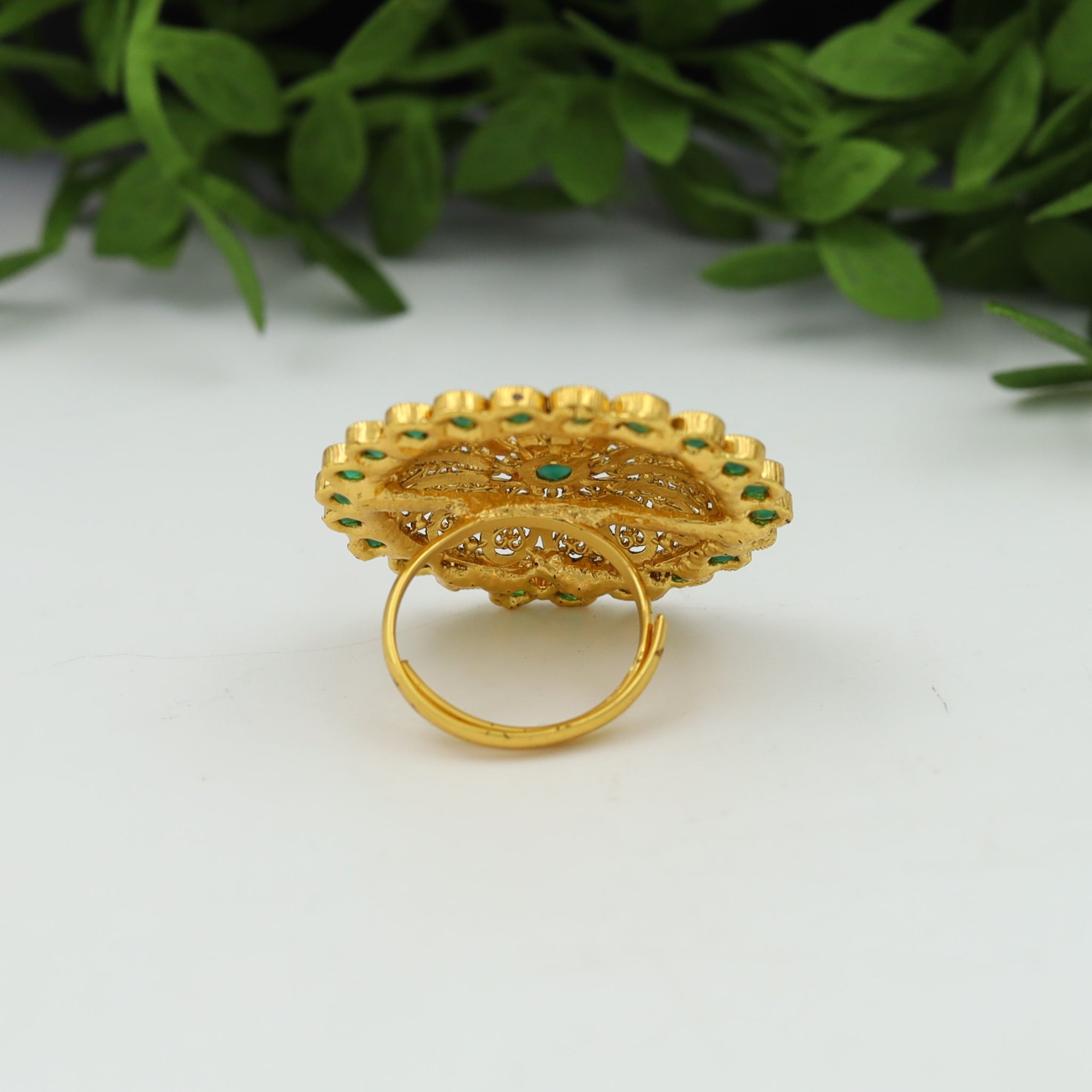 Antique Gold Finish Green Adjustable Cocktail Ring 3228-7293