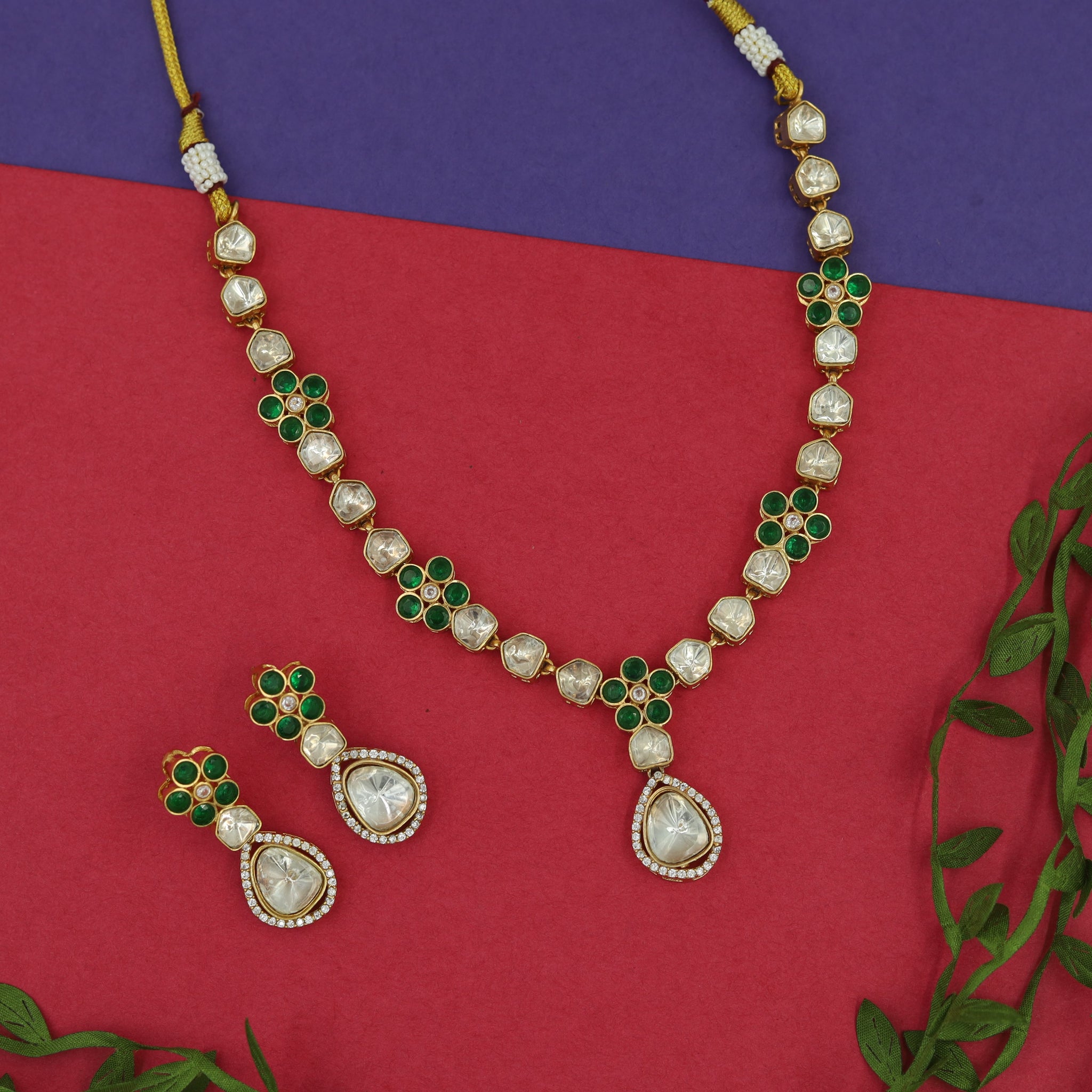 Sabyasachi Inspired Round Neck Kundan Moissanite Necklace Set 15493-42