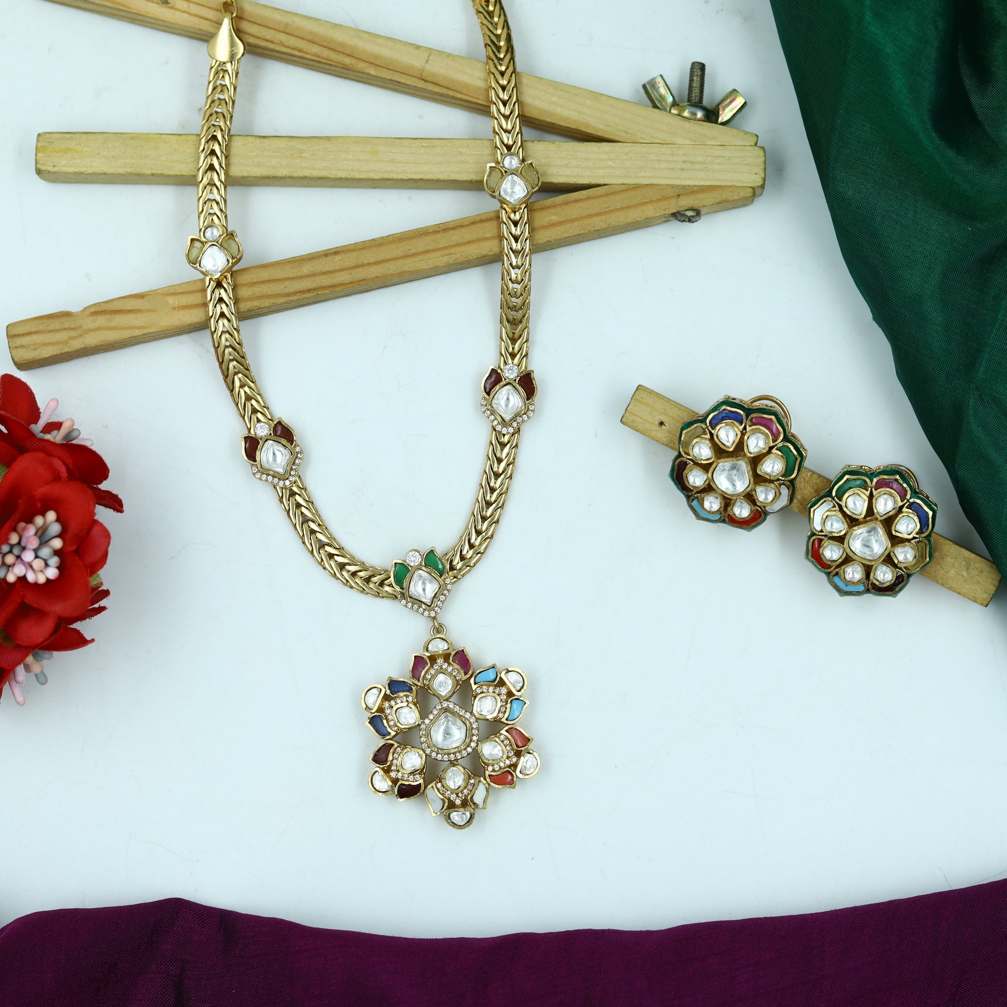 Sabyasachi Inspired Moissanite Round Neck Kundan Necklace Set 15088-87