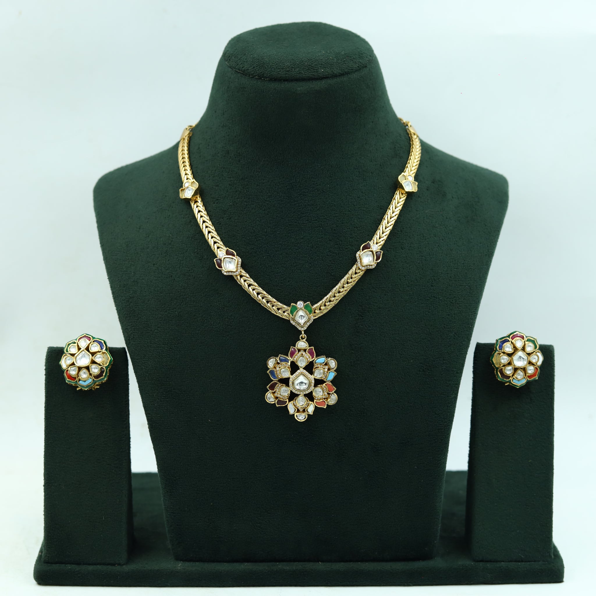 Sabyasachi Inspired Moissanite Round Neck Kundan Necklace Set 15088-87