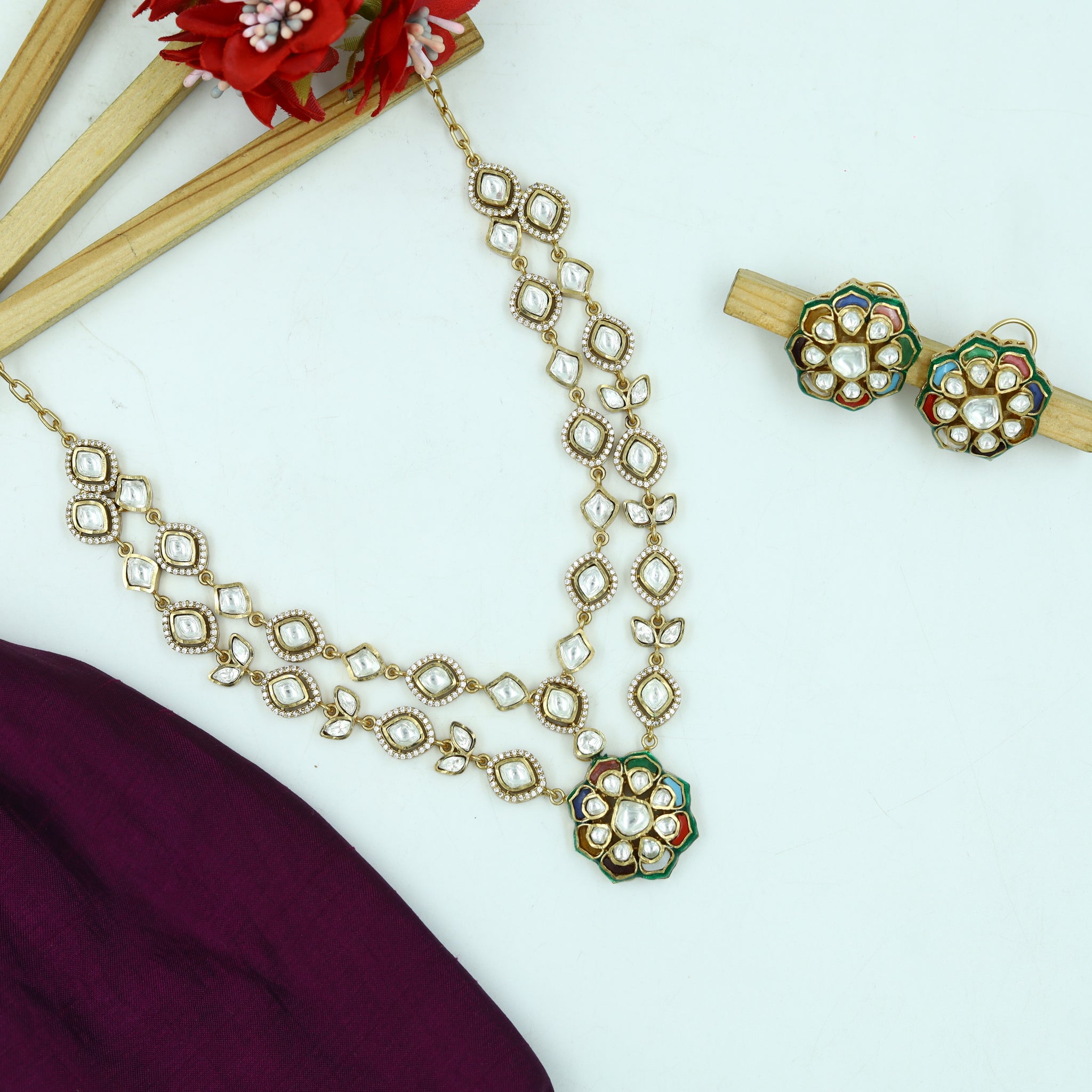 Sabyasachi Inspired Moissanite Round Neck Kundan Necklace Set 15105-87