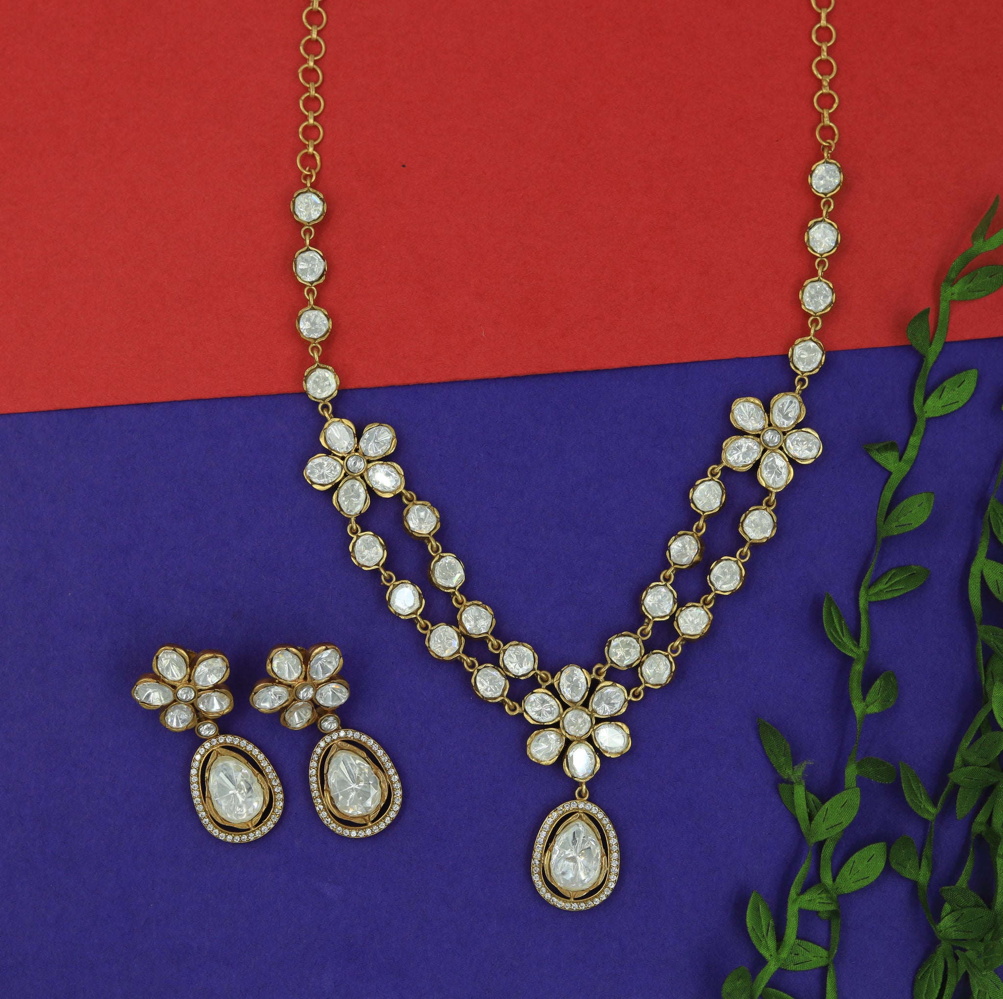 Round Neck Layered Moissanite Kundan Necklace Set 16060-87