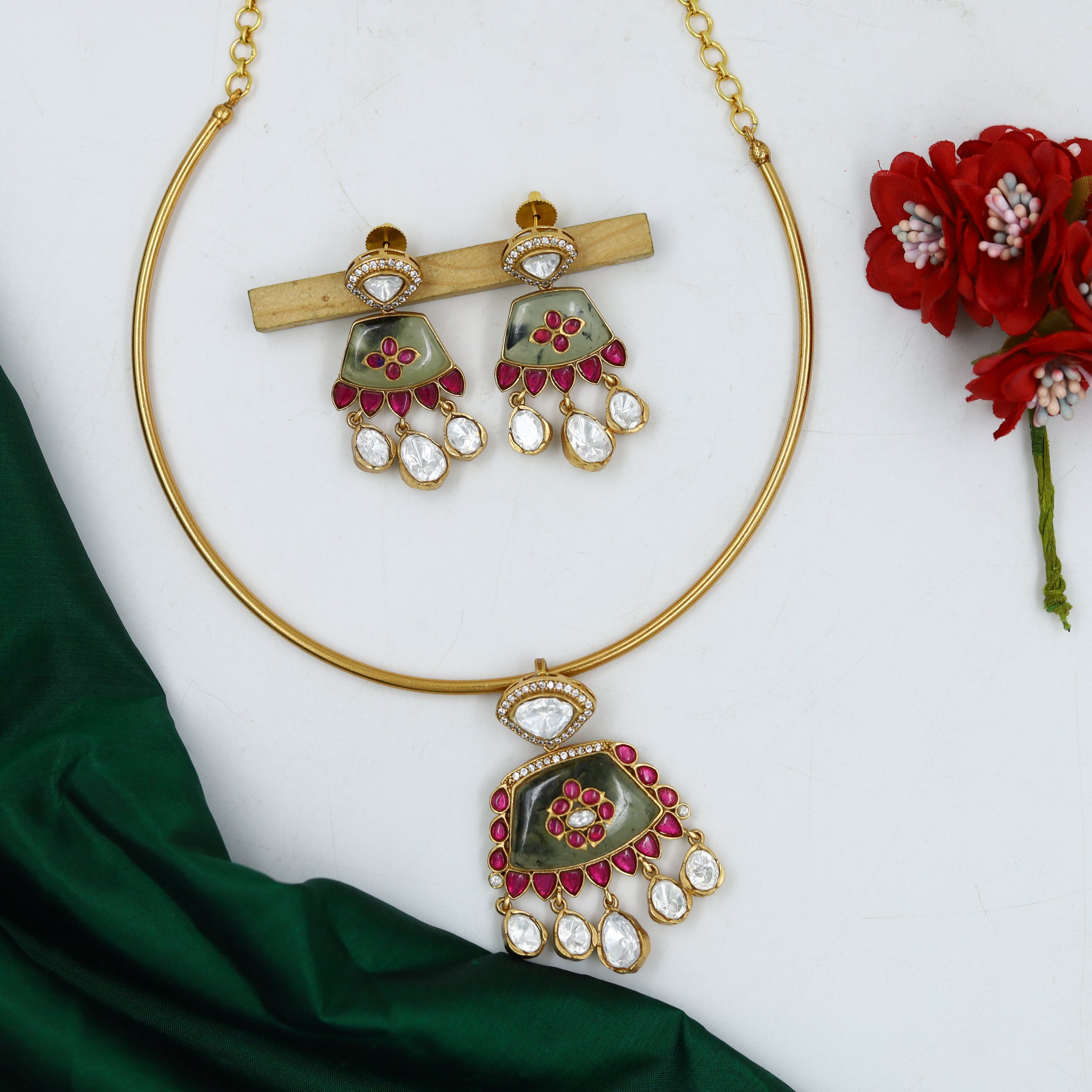 Sabyasachi Inspired Moissanite Round Neck Kundan Necklace Set 15095-87