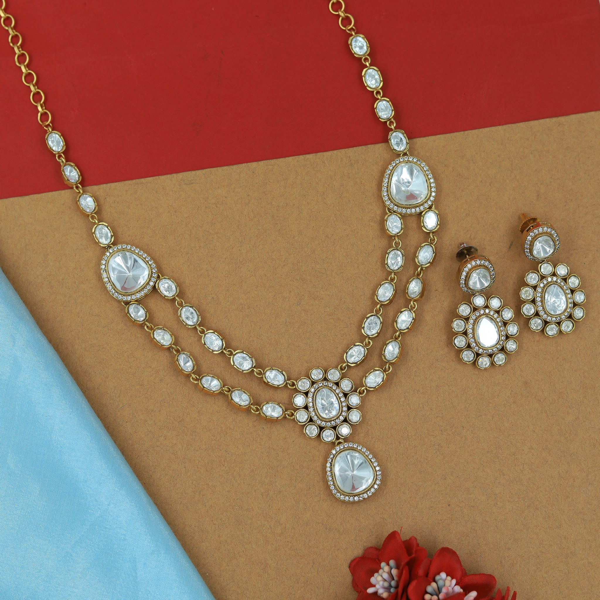 Round Neck Layered Moissanite Kundan Necklace Set 16051-87