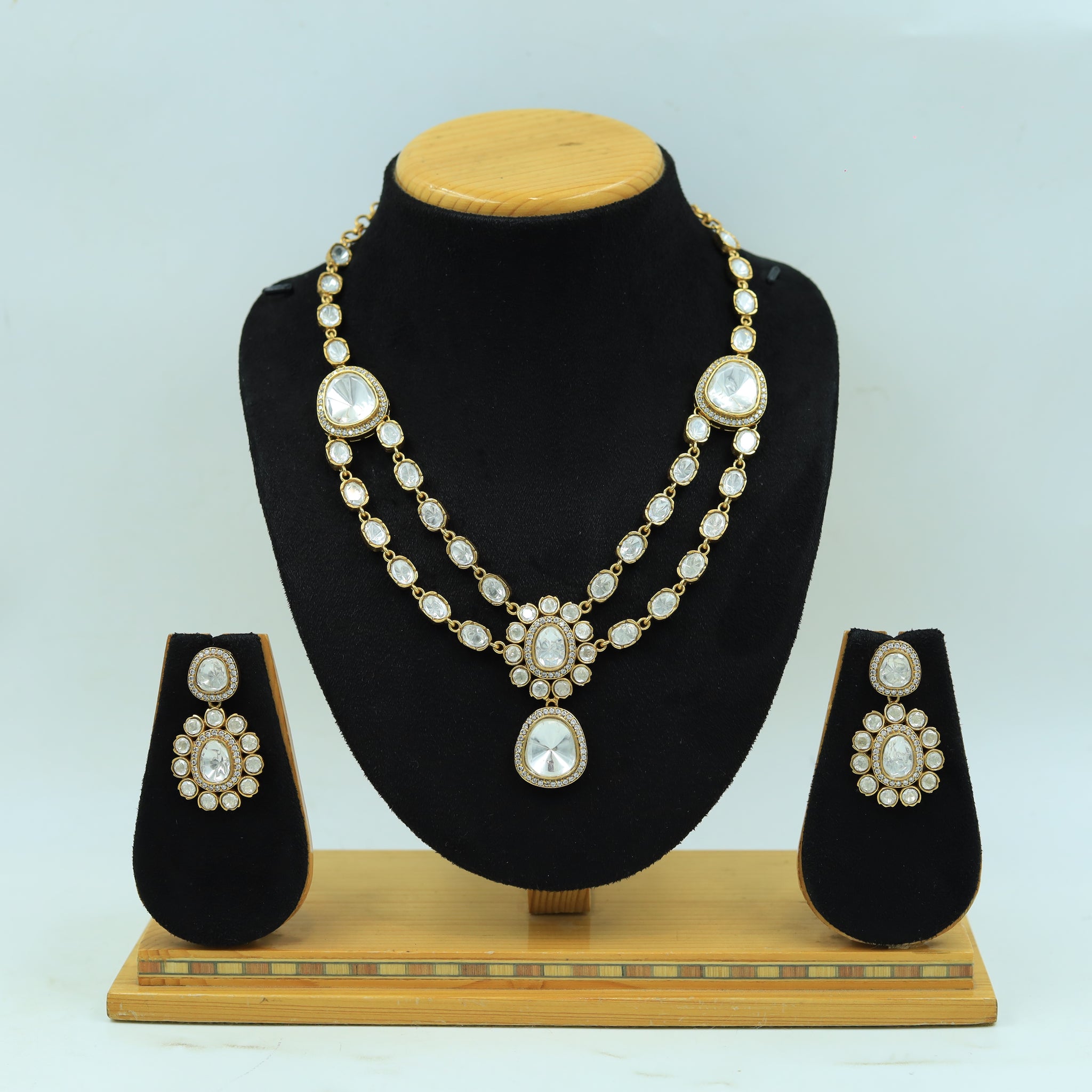 Round Neck Layered Moissanite Kundan Necklace Set 16051-87