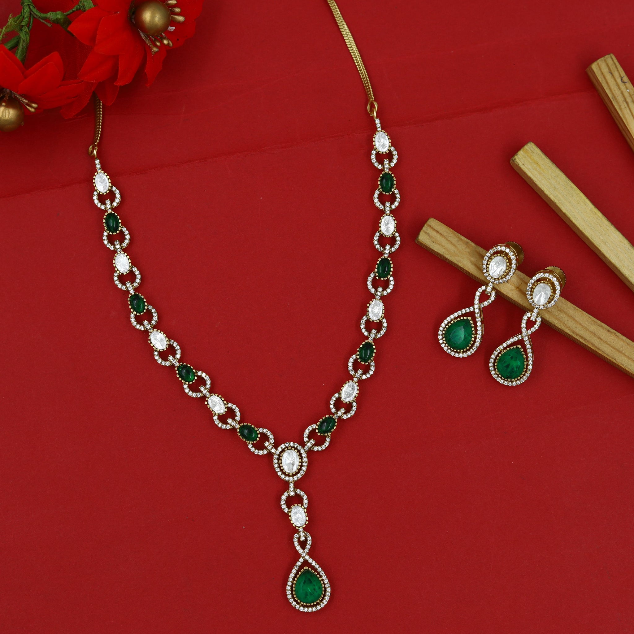 Round Neck Zircon/AD Necklace Set 15459-34