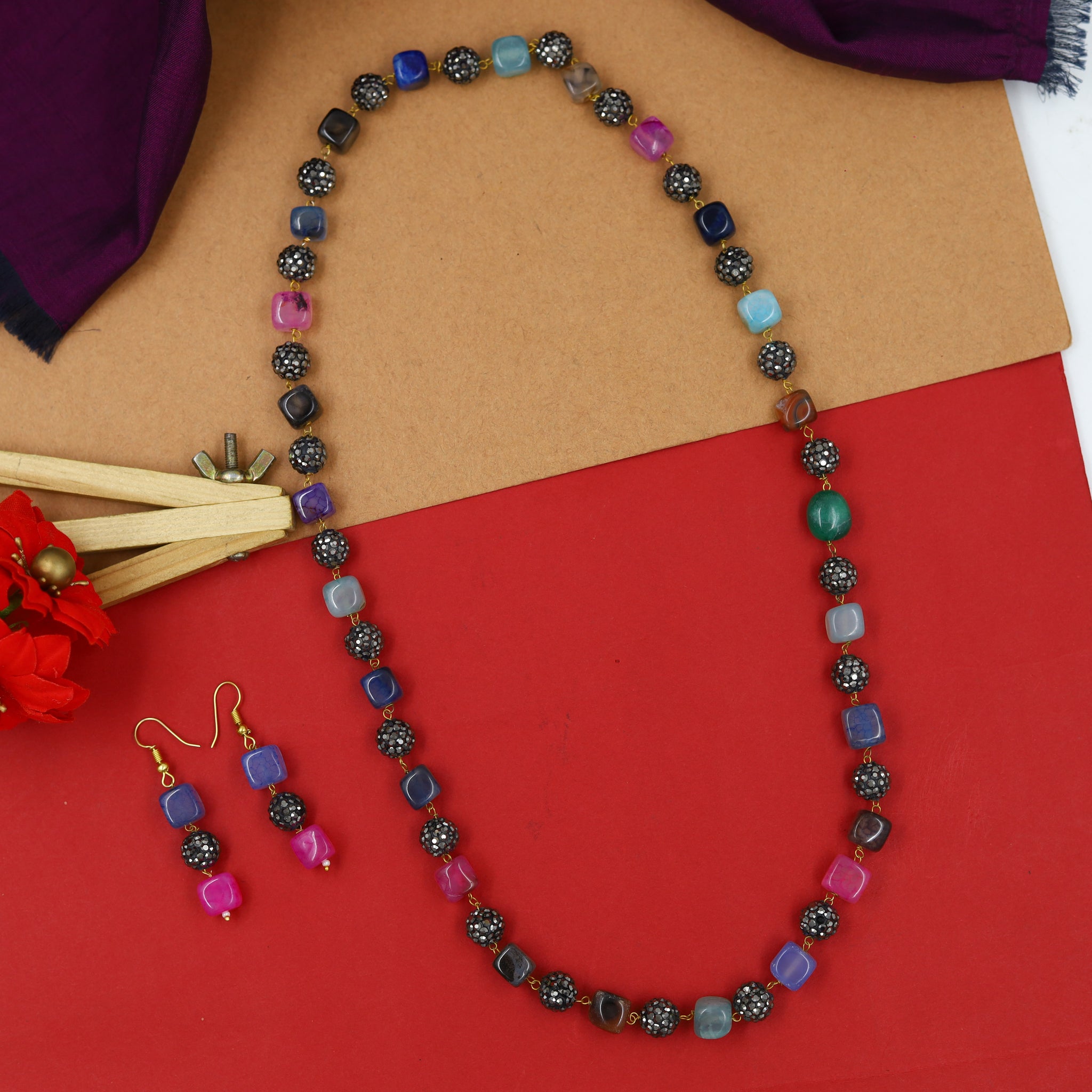 Multi Color Long Neck Pearl Necklace Set 15485-42