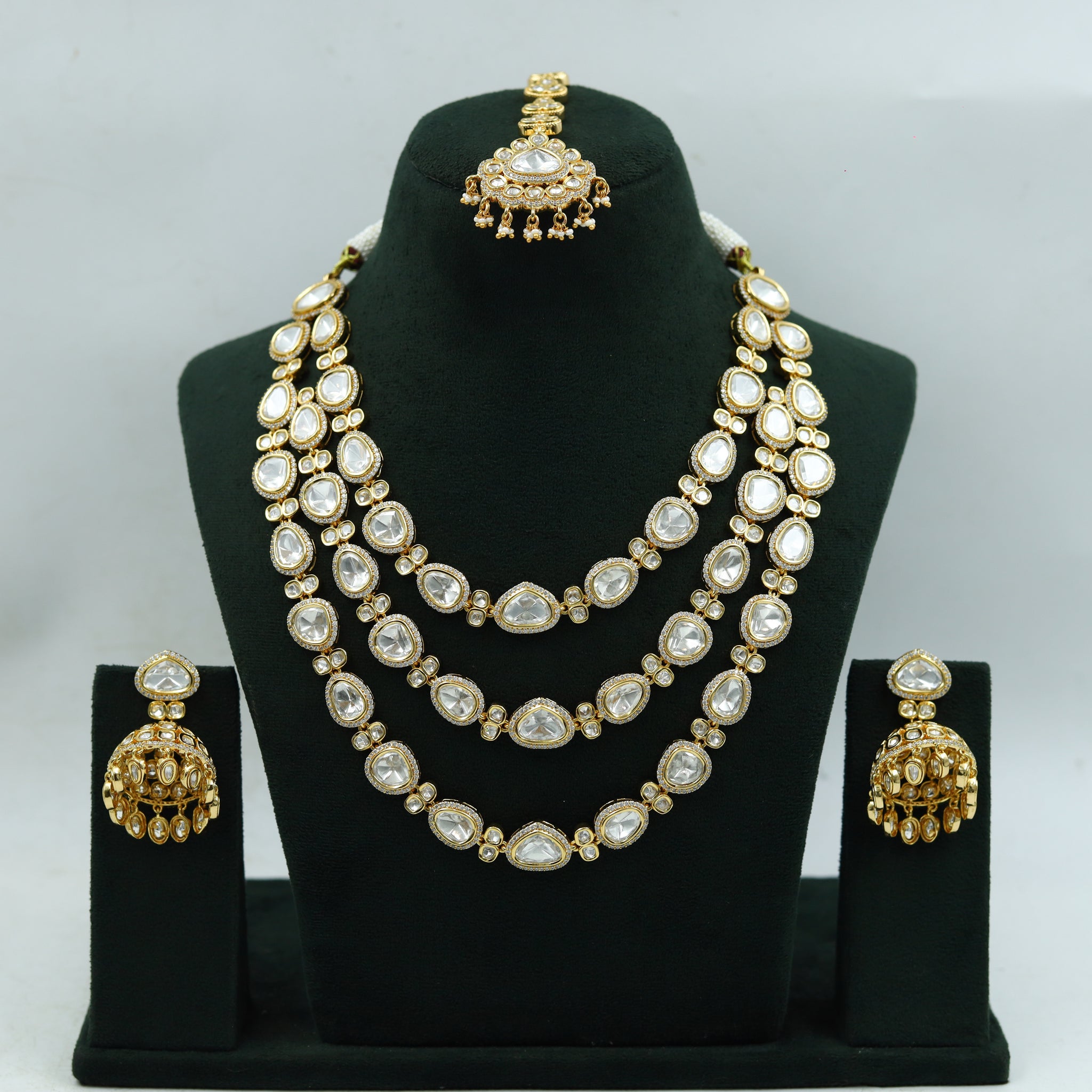 3 Line Layered Round Neck Kundan Necklace Set 15509-91