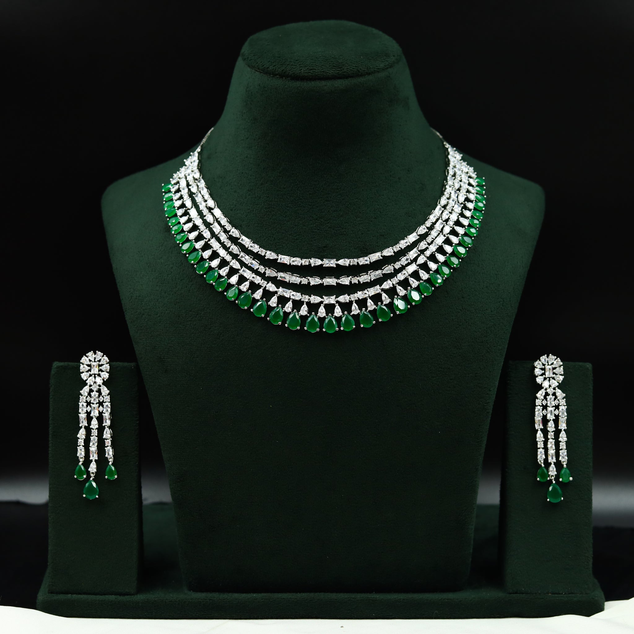 Round Neck Layered Zircon/AD Necklace Set 11908-69