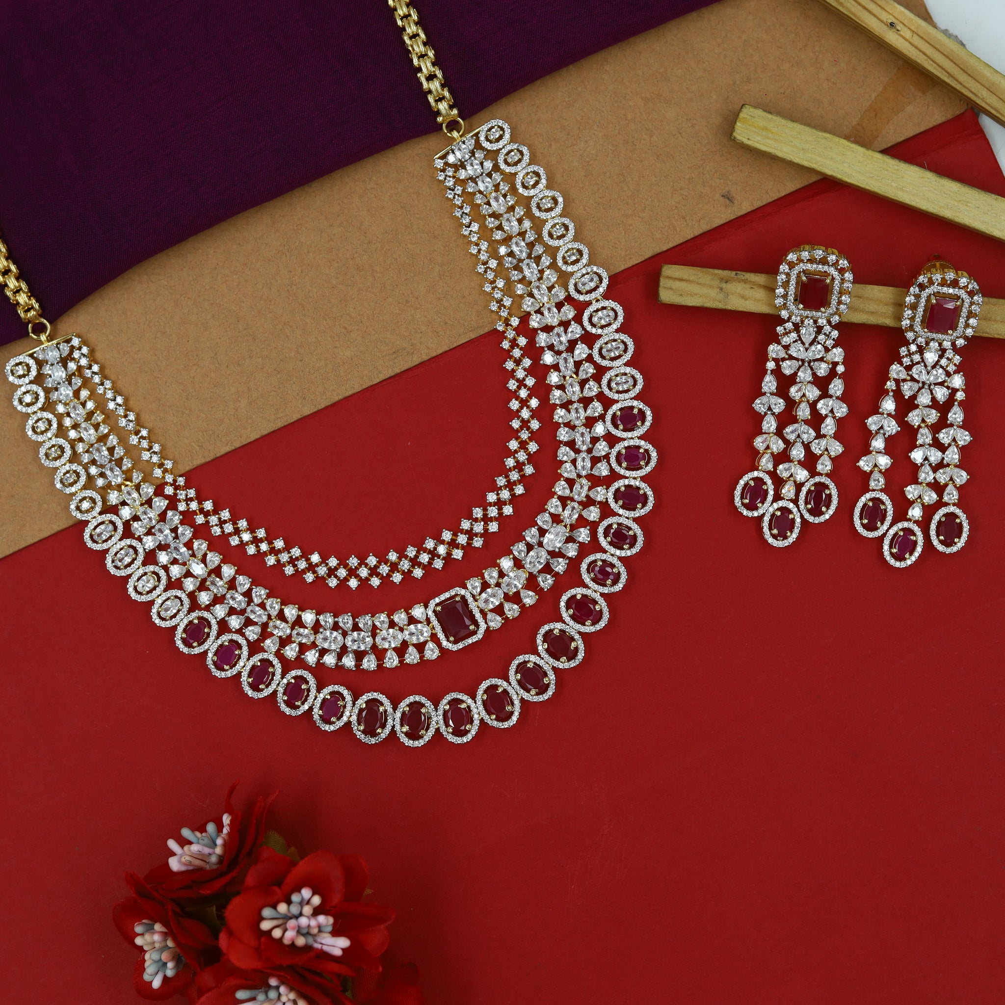 Round Neck Zircon/AD Necklace Set 15338-69