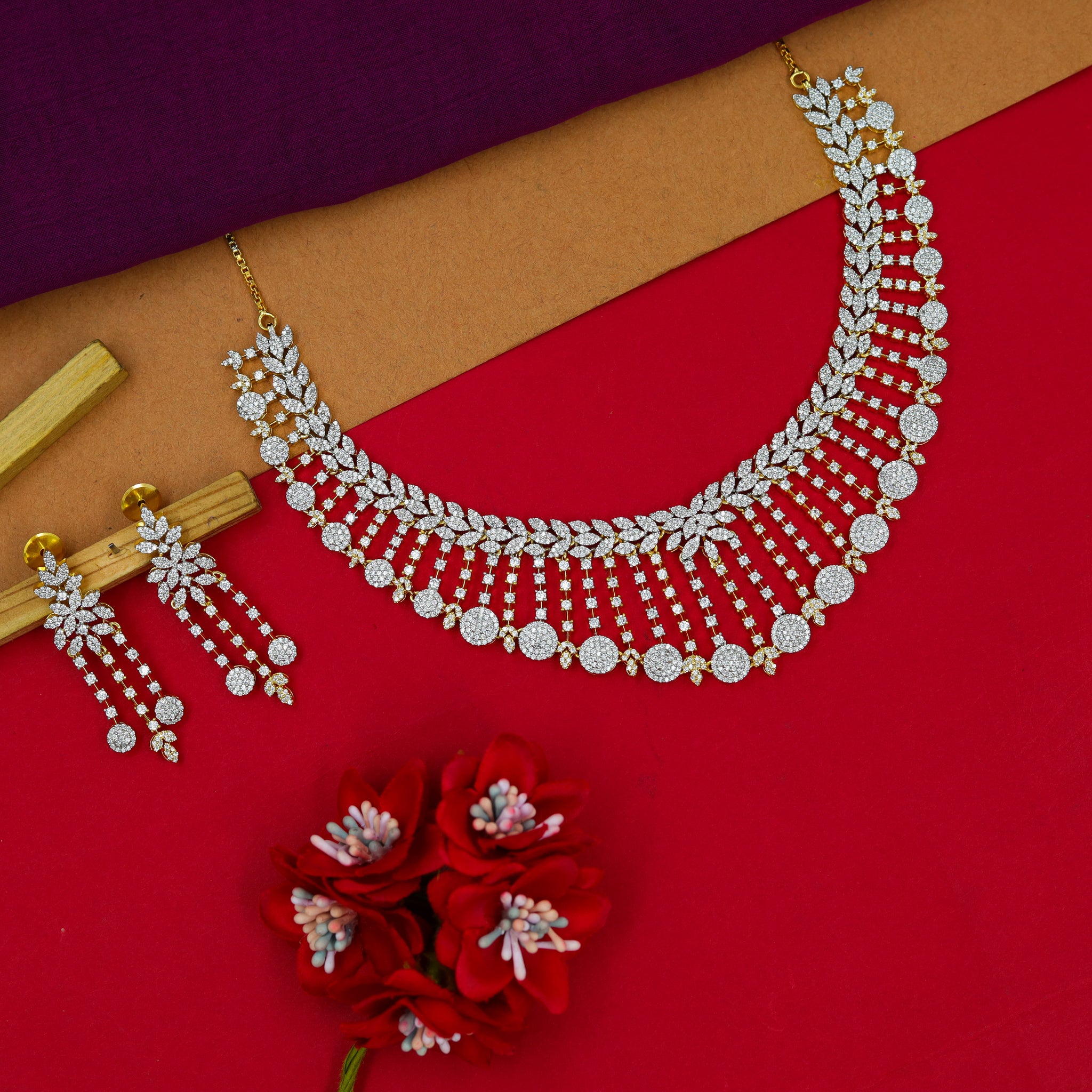 Round Neck Zircon/AD Necklace Set 15340-69