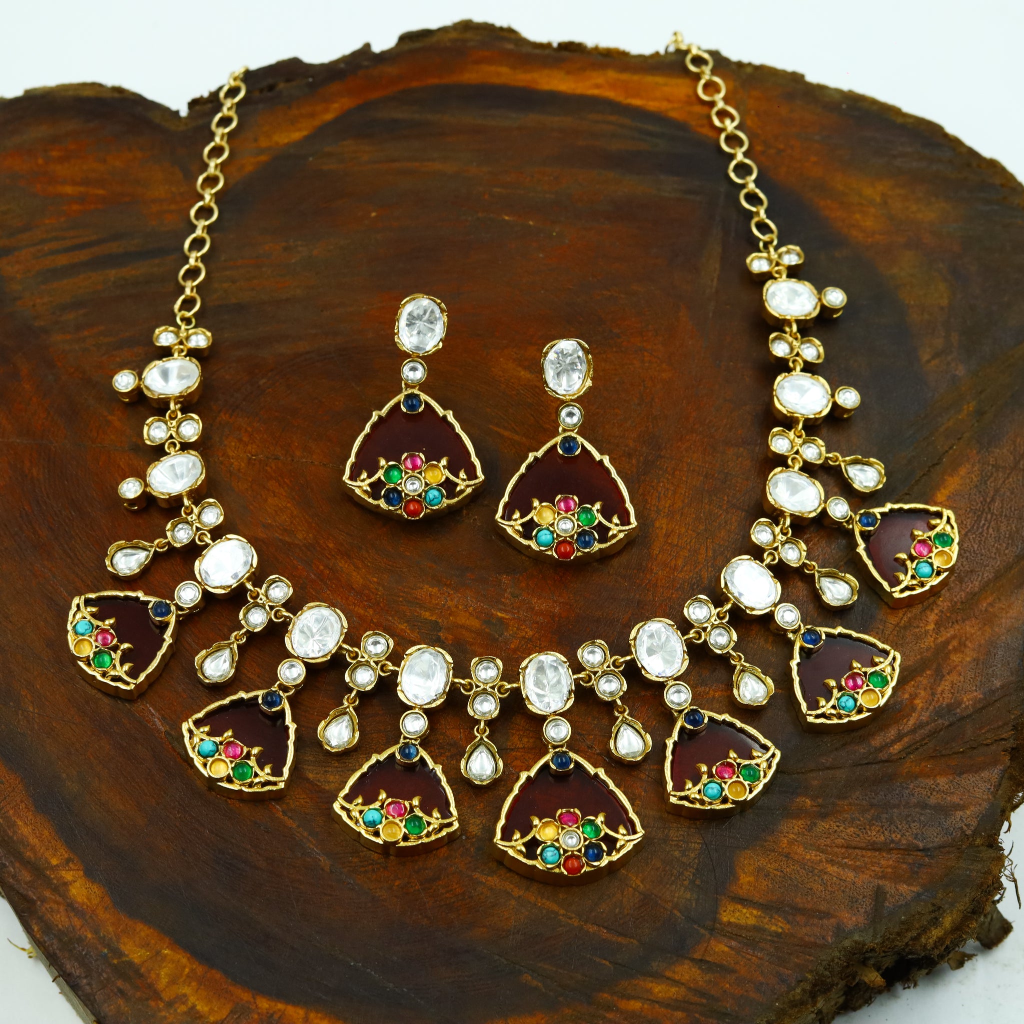 Sabyasachi Inspired Moissanite Round Neck Kundan Necklace Set 13568-87