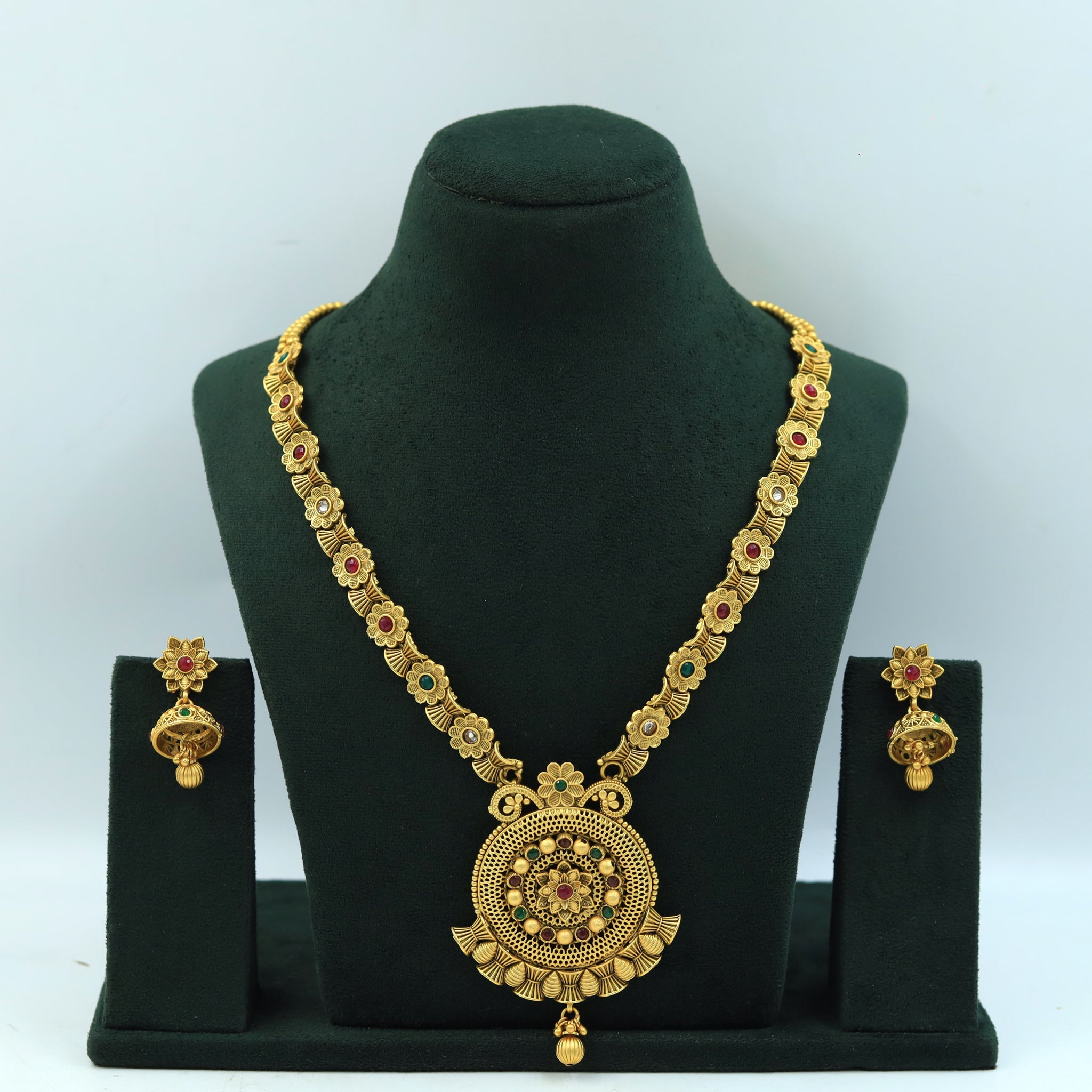 Ruby Green Antique Gold Finish Long Necklace Set 16978-4126