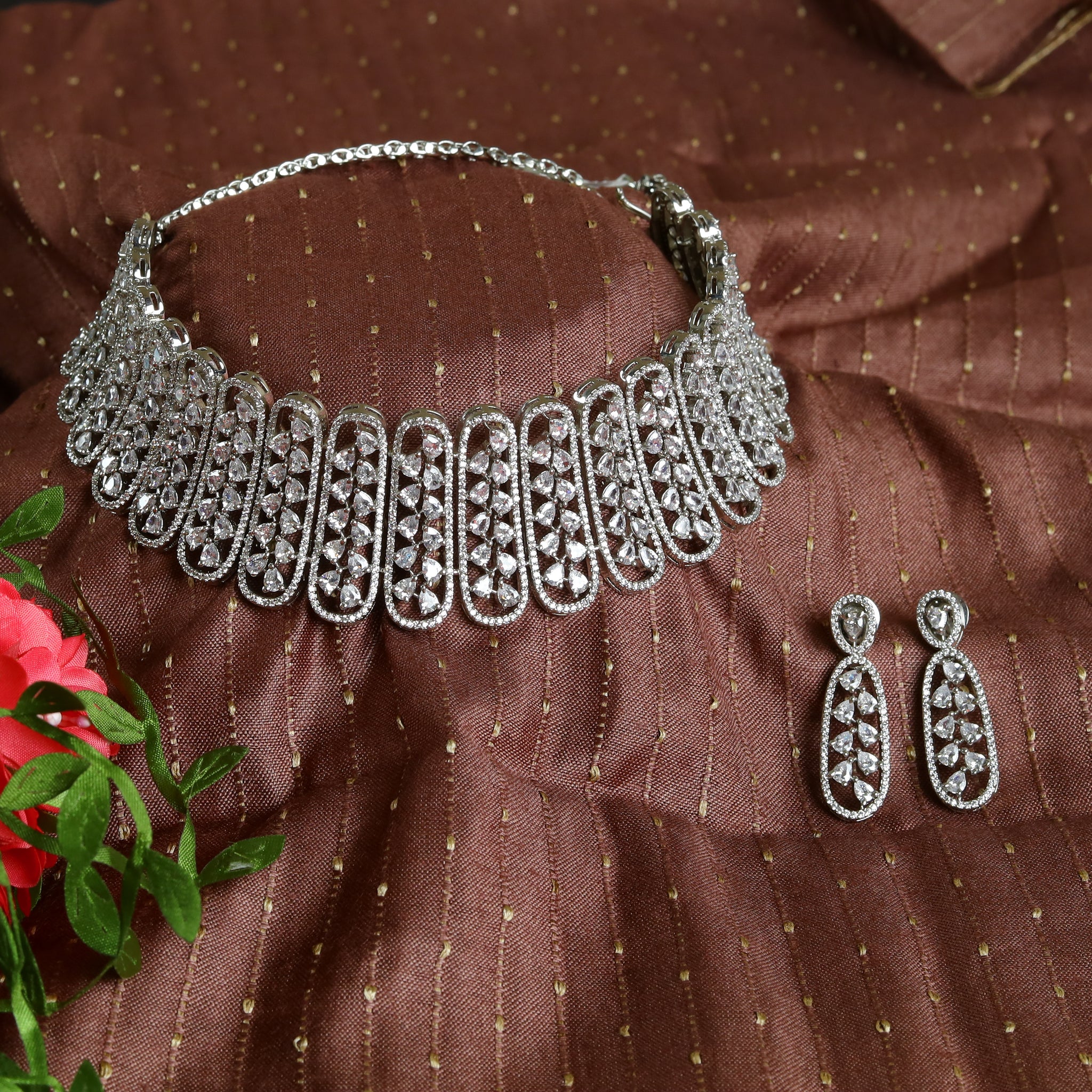 Silver Zircon/AD Choker  Set 15219-2366