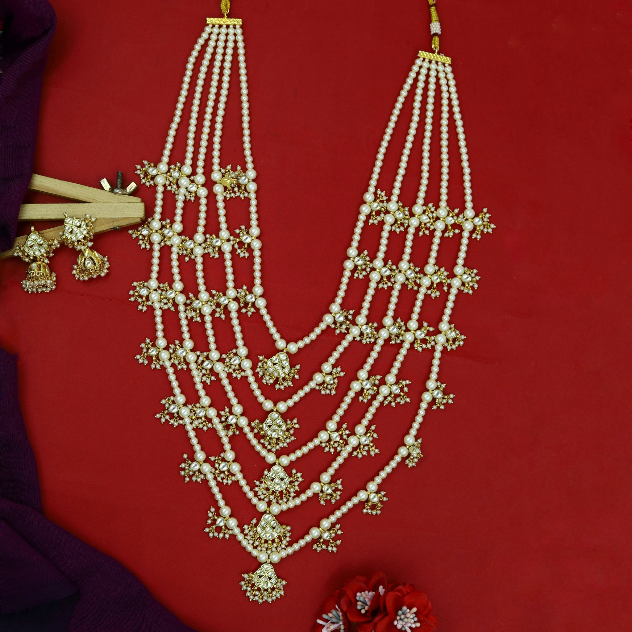 5 Lines Layered Long Neck Kundan Necklace Set 14289-56