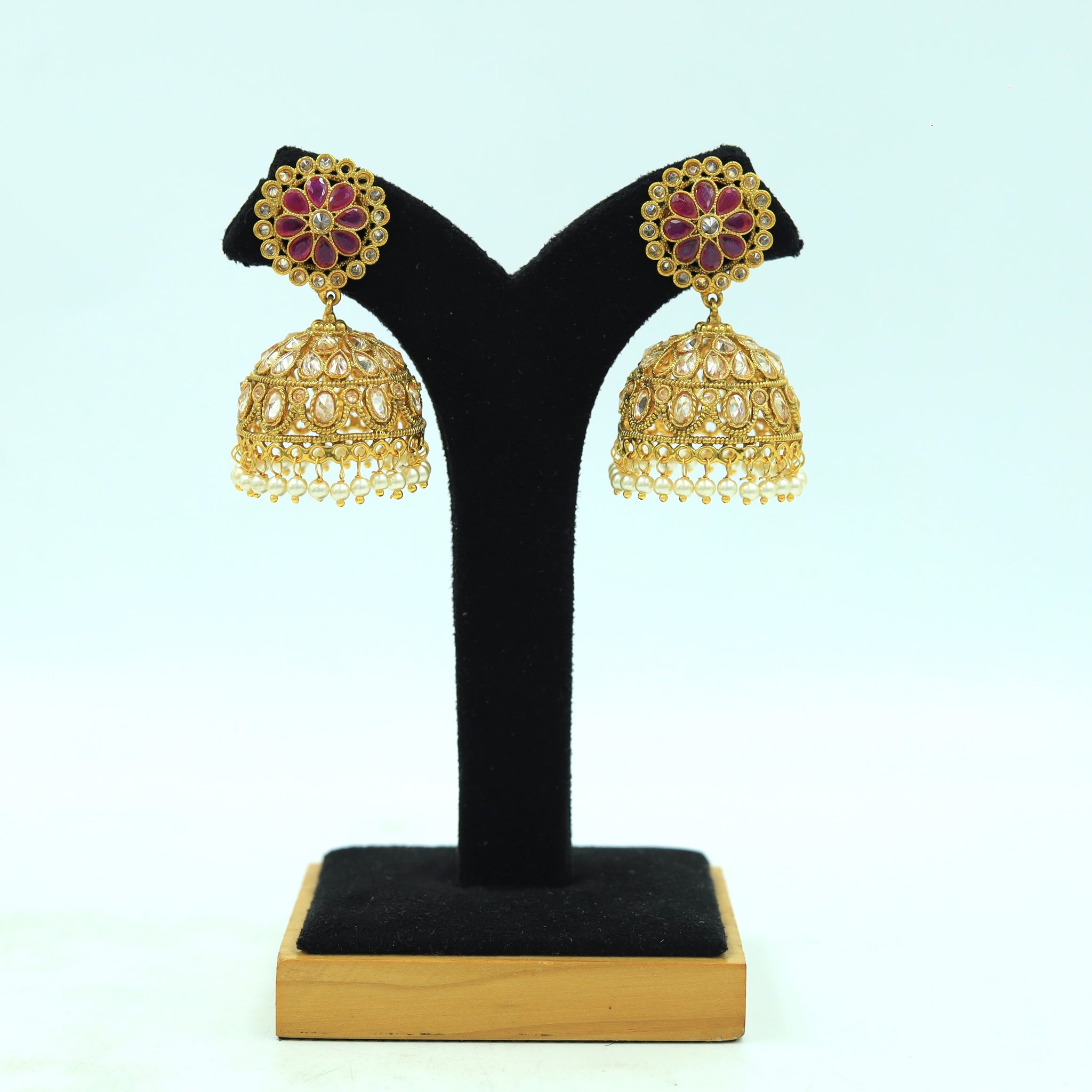 Traditional Gold Polish Jhumki with Ruby and Pearls