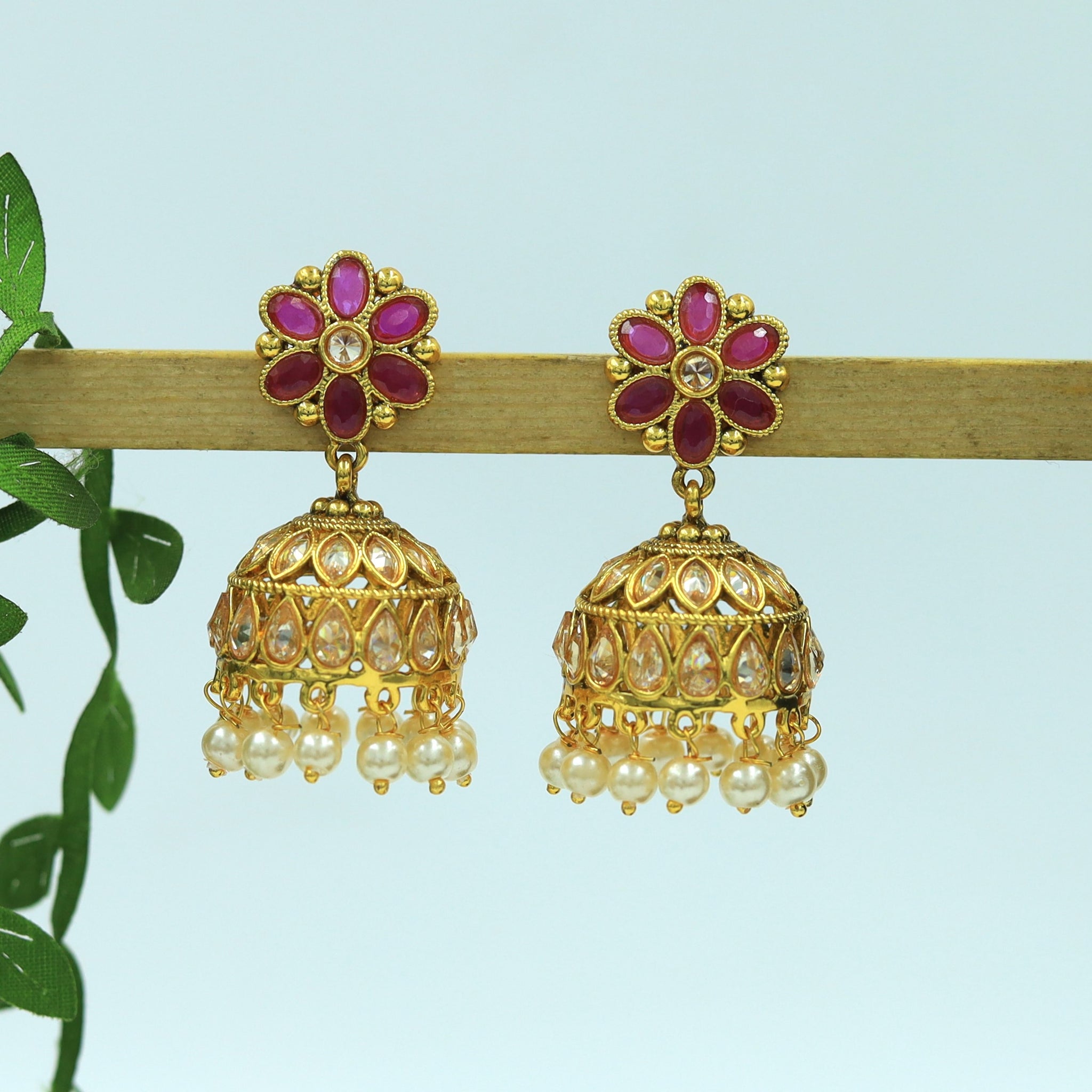 Ruby Color Light Jhumki with Pearl Drops