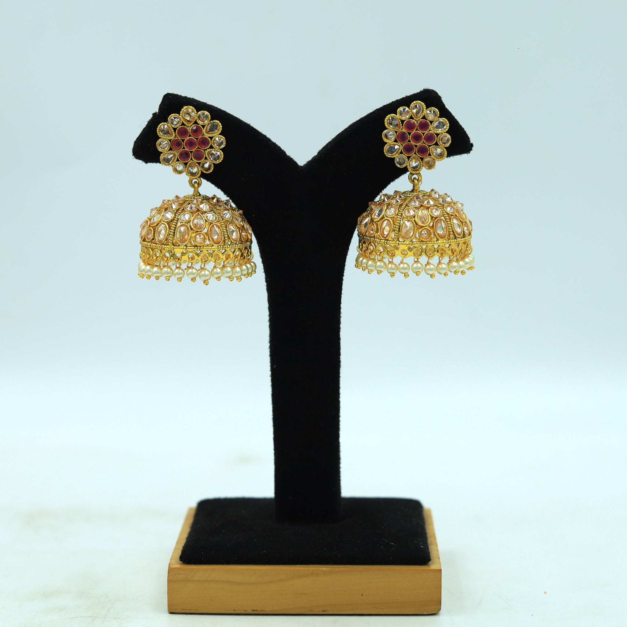 Traditional Gold Polish Jhumki with Ruby and Pearls