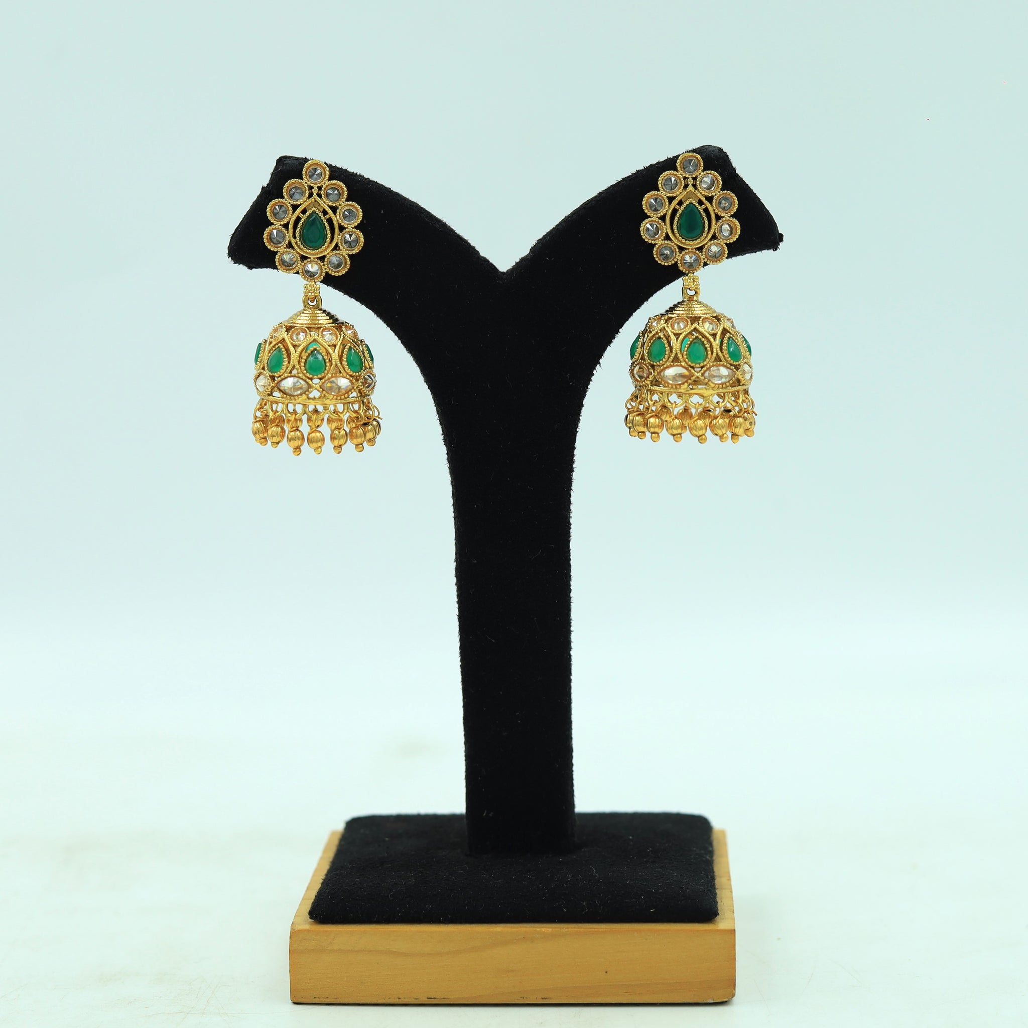 Beautiful Gold Look Jhumki With Green Stones And Pearl Latkan