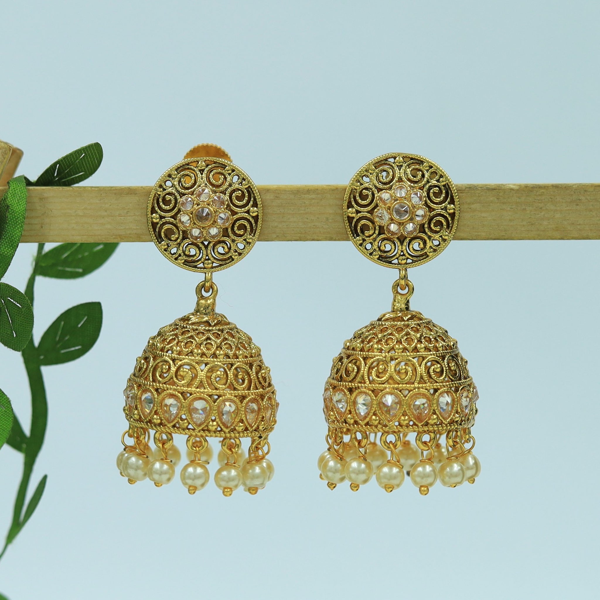 Elegant Gold Polish Jhumki with Pearl Latkan