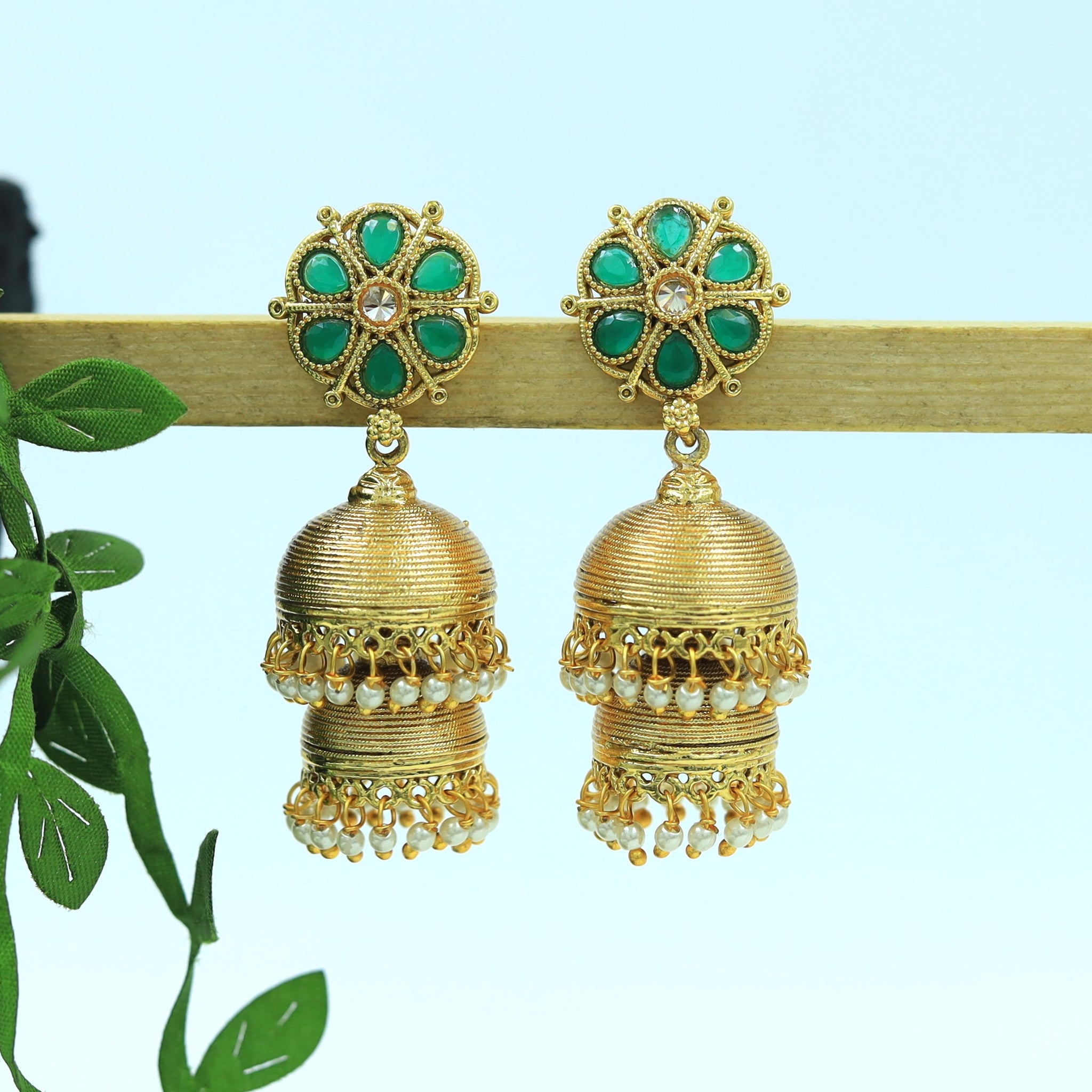 Classy 2 Layer Gold Plated Jhumki in Green Color and Pearls 2830-6895