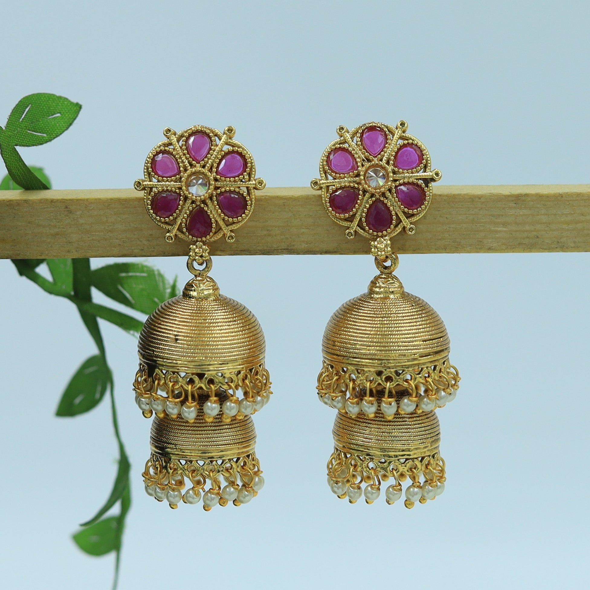 Ruby Color 2 Layer Jhumki with Pearls 2829-6894