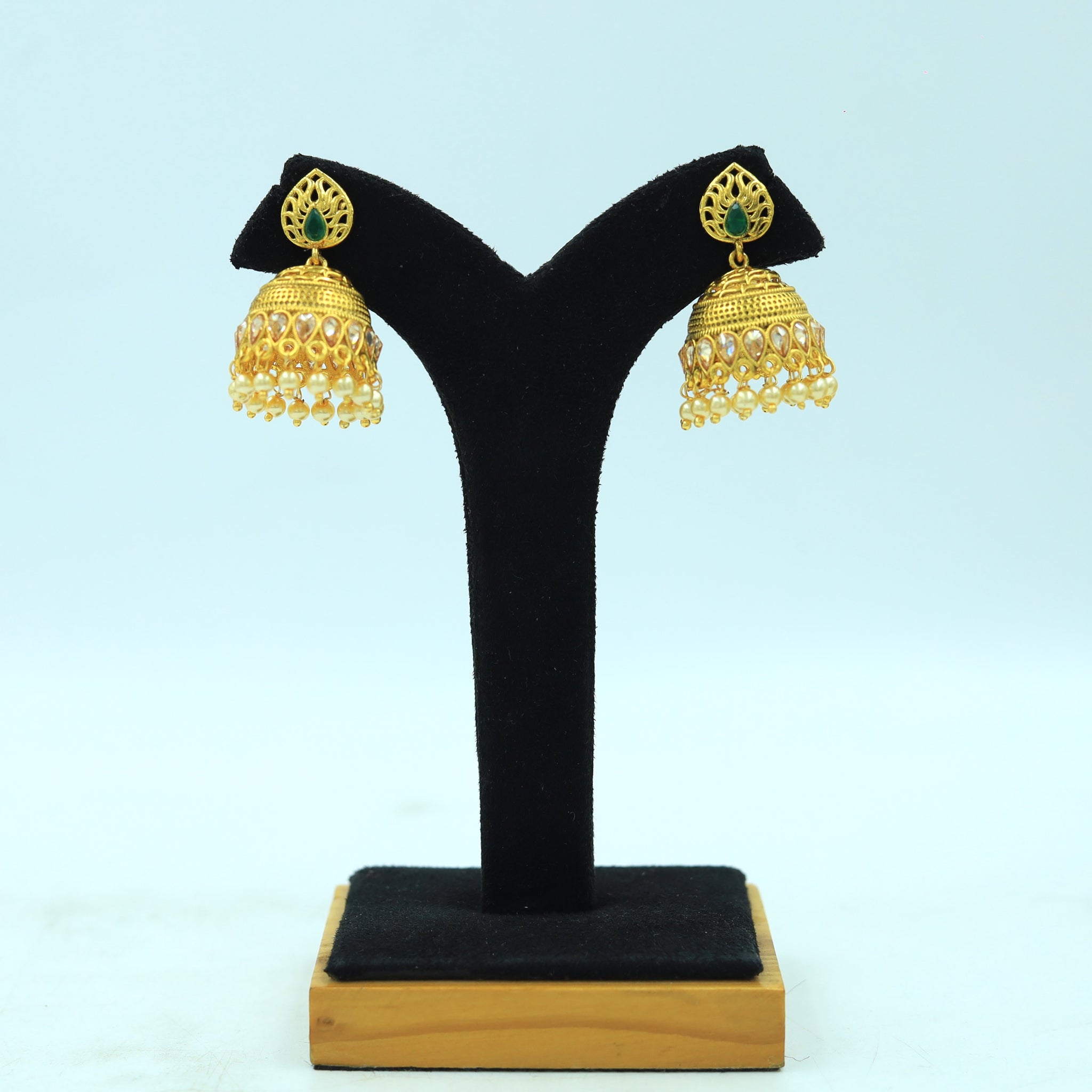 Small Green Color Jhumki in Gold Polish