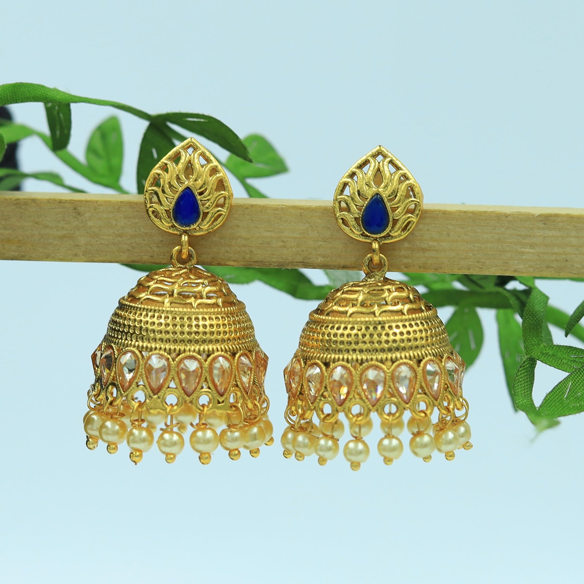 Small Blue Color Gold Polish Jhumki with Pearls 3490-7555