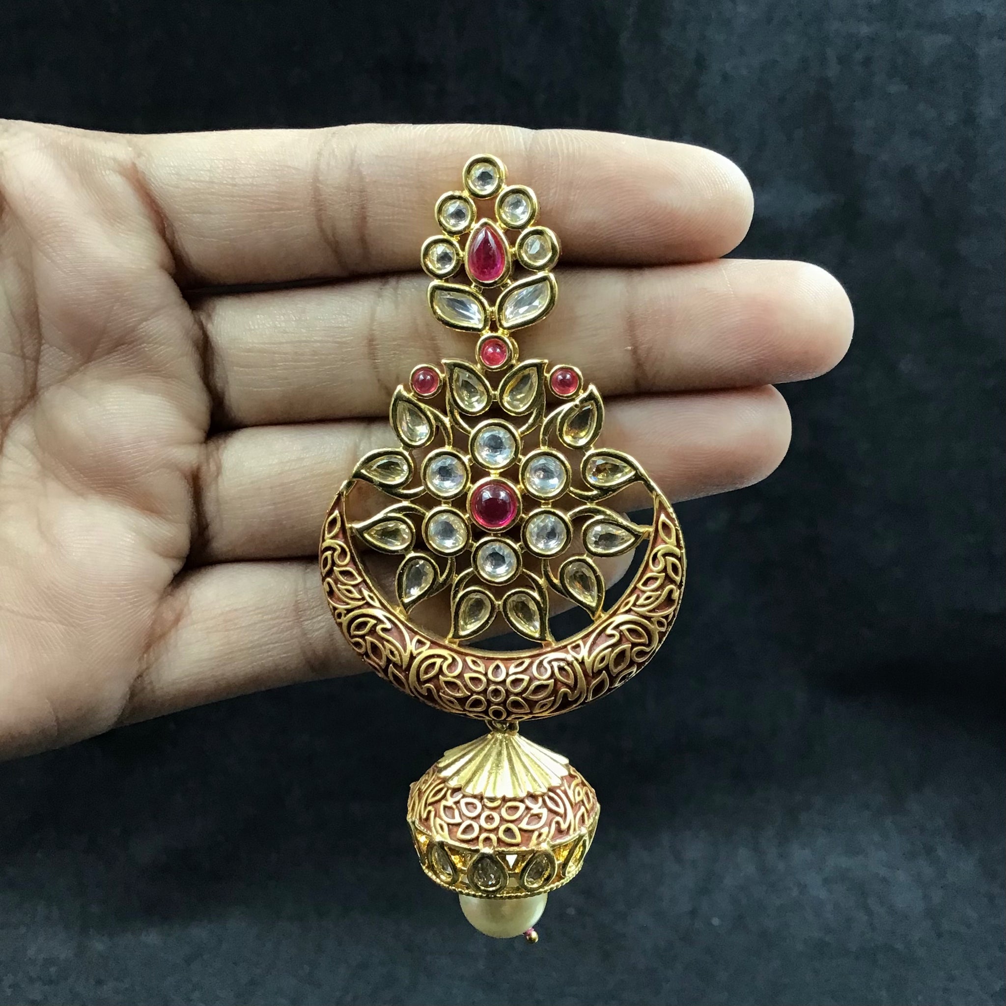 Designer Kundan Chandbali With Small Jhumki With Black Meenakari And Ruby Stone - Dazzles Jewellery