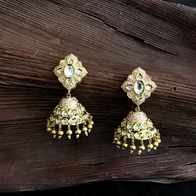 Designer Kundan Jhumki With Pink Meenakari