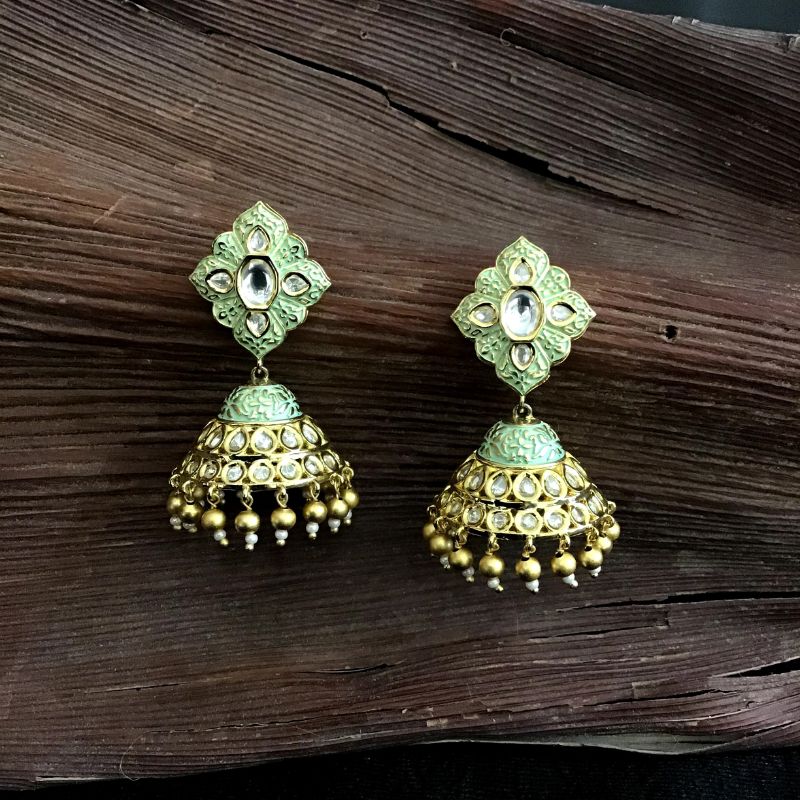 Designer Kundan Jhumki With Mint Green Meenakari