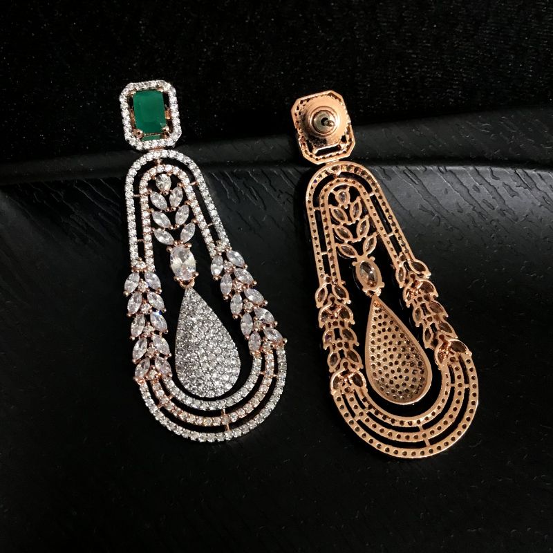 Elegant American Diamond Danglers With Green Stone