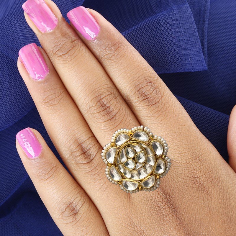 Kundan Cocktail Adjustablie Ring 1227-5292 - Dazzles Jewellery