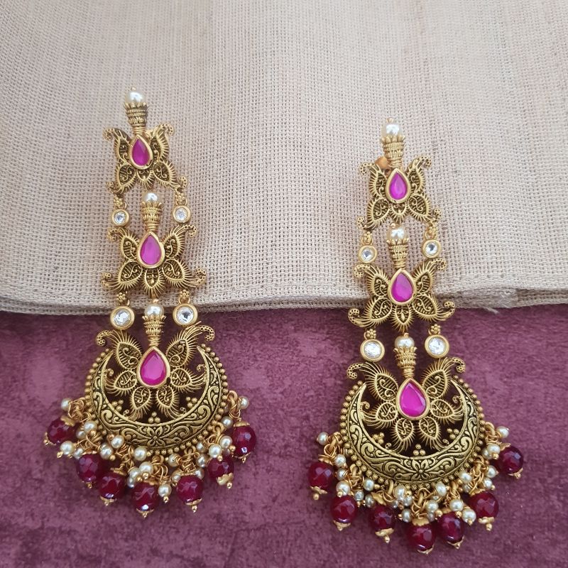 Traditional Gold Look Danglers With Ruby Stones And Ruby Beads Latkan