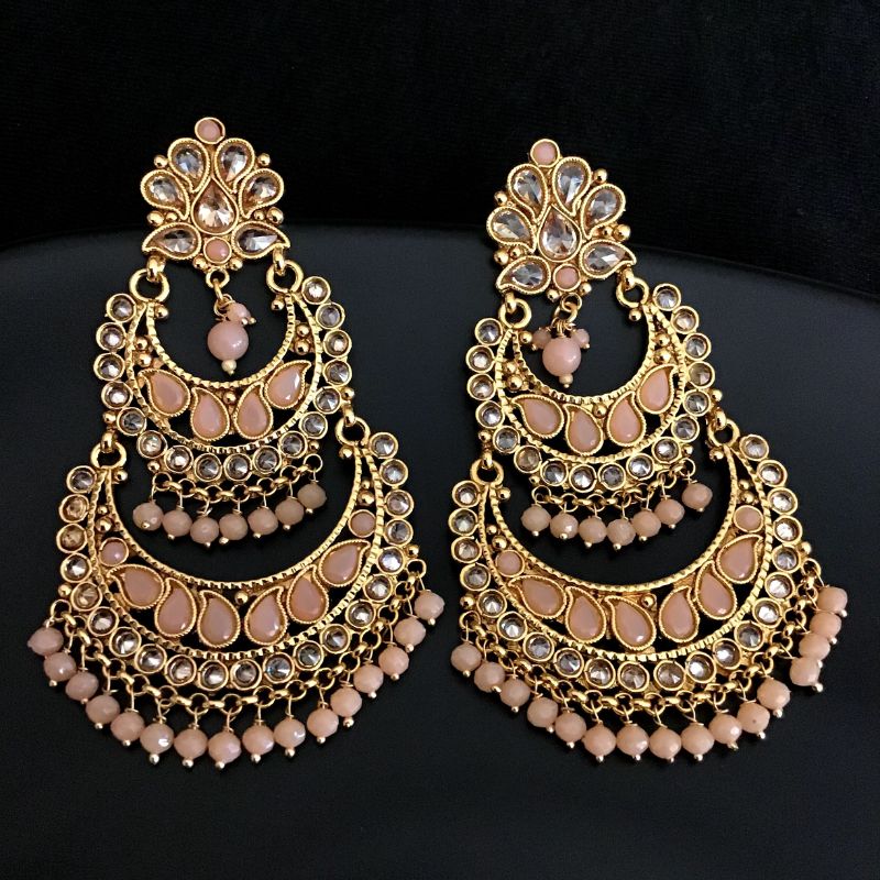 Beautiful Gold Look Chandbali With Peach Stones And Small Peach Beads Work